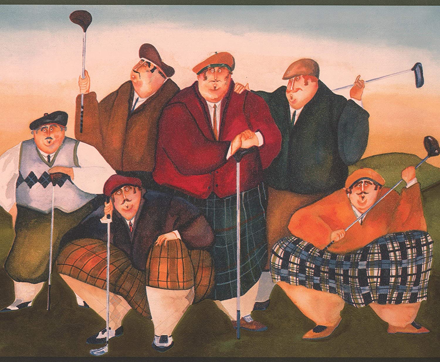 Fat Men with Golf Clubs on the Course Green Trim Wallpaper Border Retro Design, Roll 15' x 10.5''