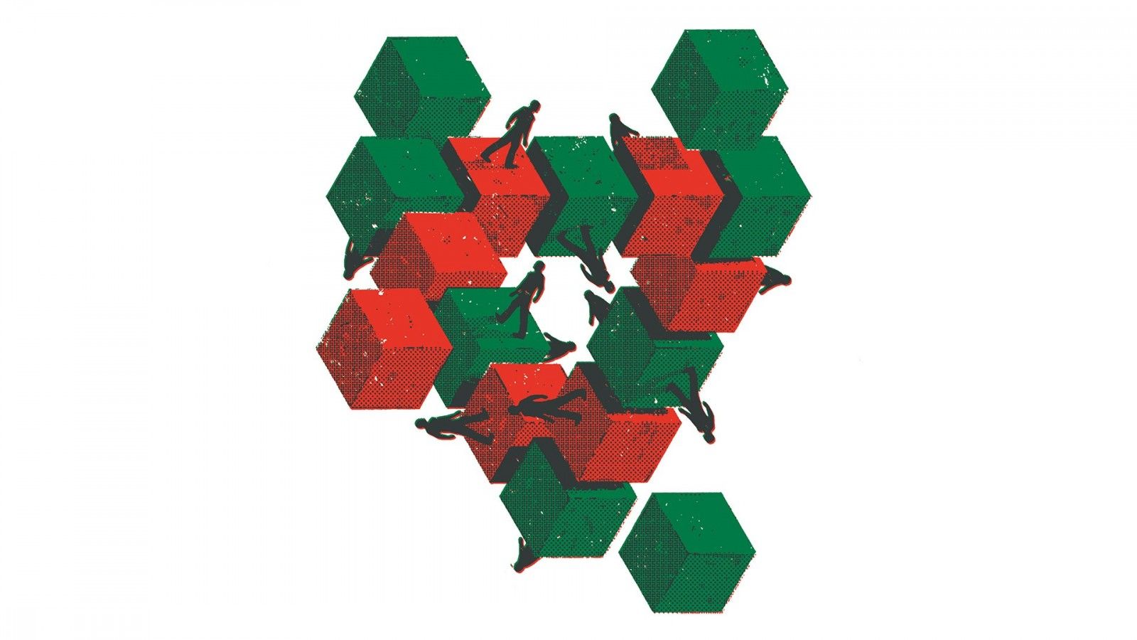 Wallpaper, men, people, digital art, simple background, 3D, minimalism, silhouette, white background, cube, optical illusion, Penrose triangle, walking, ART, 1920x1080 px, font, product design 1920x1080