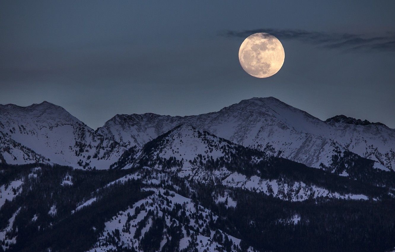 Wallpaper moon, moonrise, cloud, winter, mountains, snow image for desktop, section пейзажи