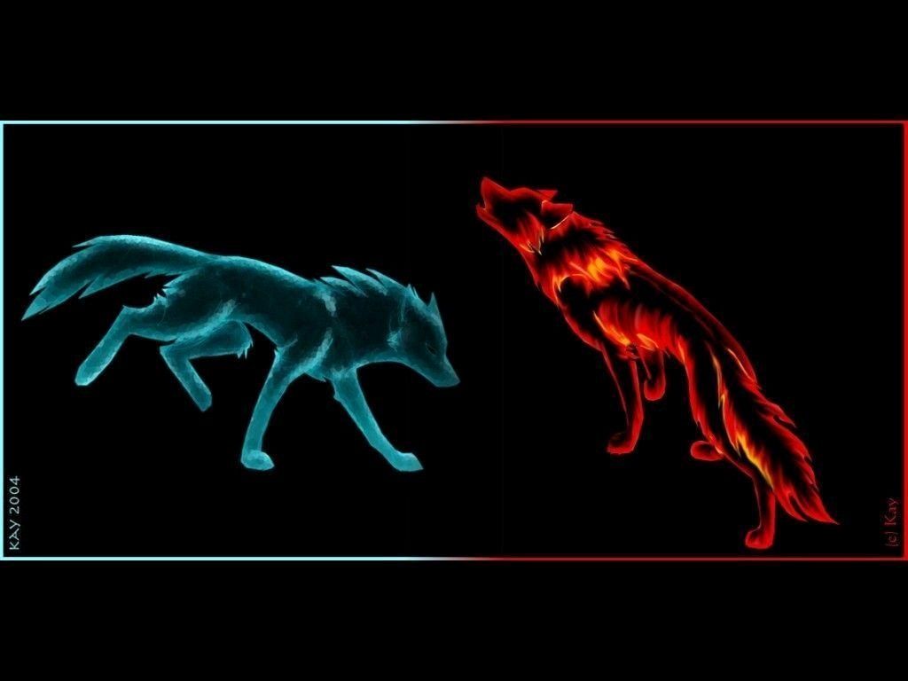 Download Fire and Ice Collide in this Mystical Wolf Wallpaper