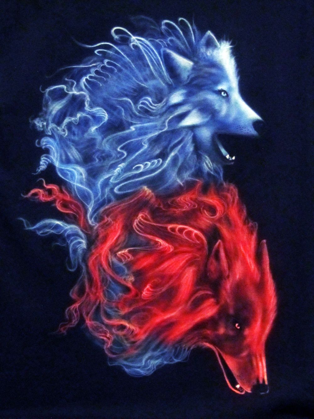 Fire and Ice Wolves Shirt, Airbrushed. Wolf artwork, Ice wolf wallpaper, Fantasy wolf