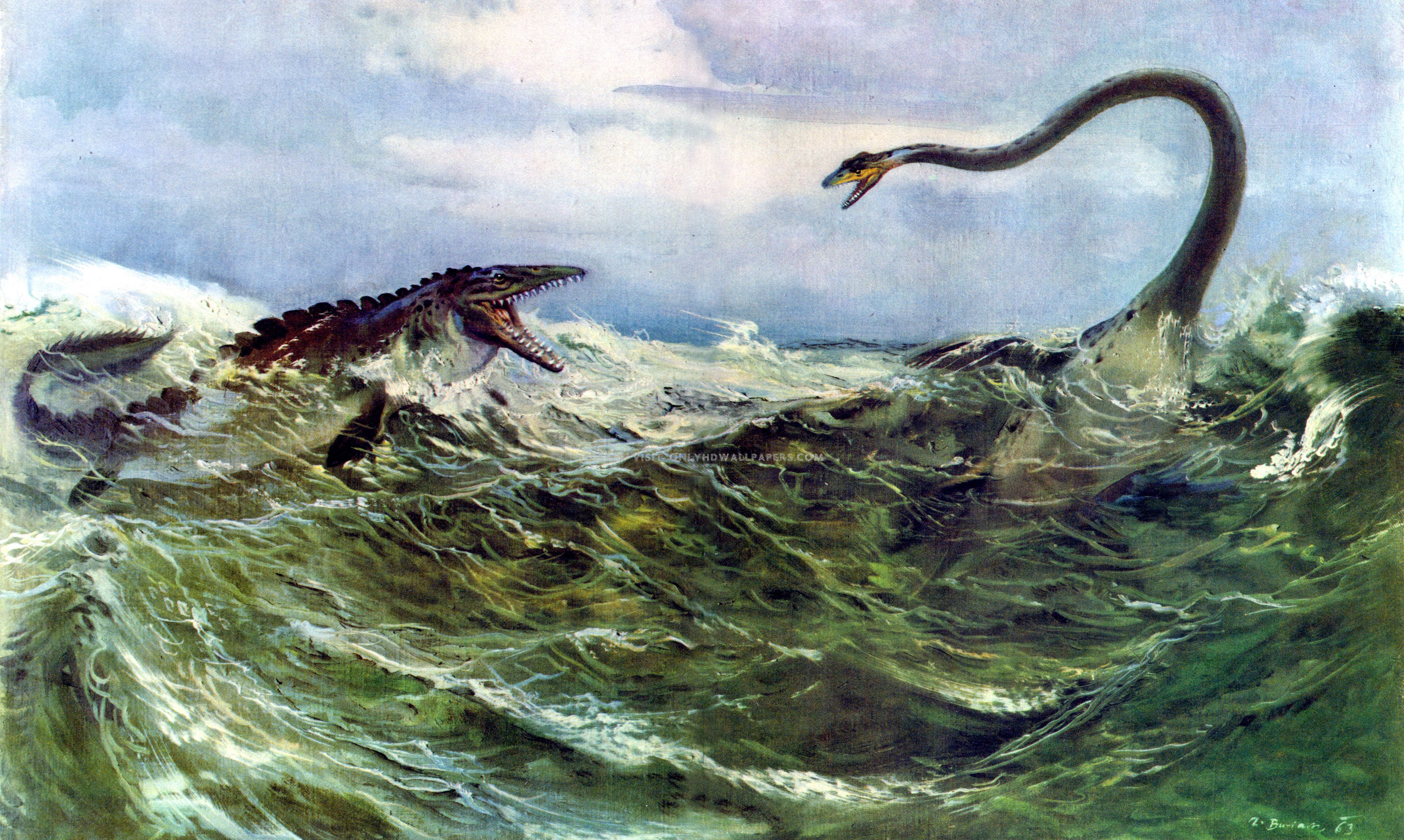 Dinosaurs artwork Tylosaurus Elasmosaurus