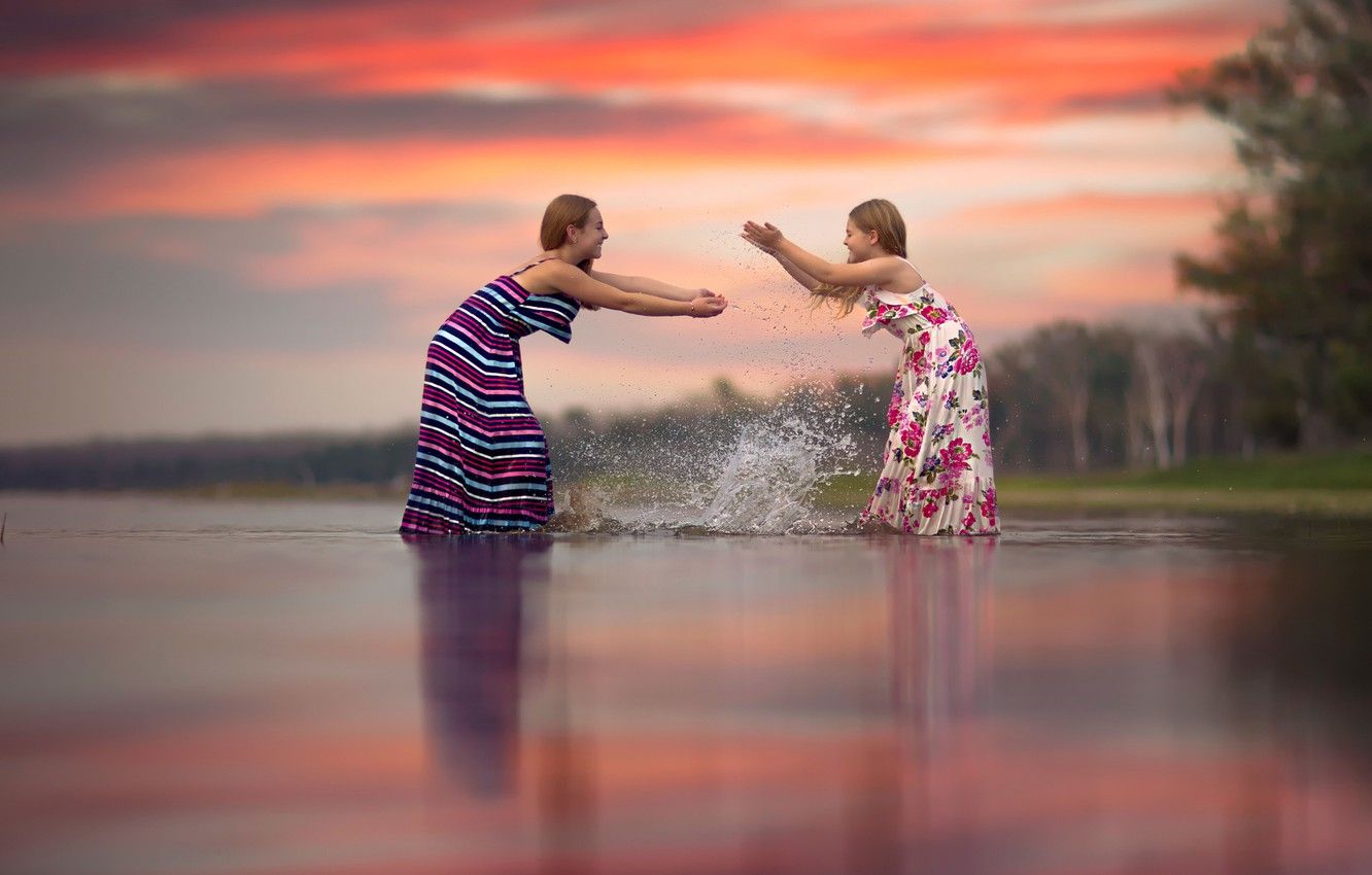 Wallpaper joy, squirt, children, girls, in the water, sisters image for desktop, section настроения