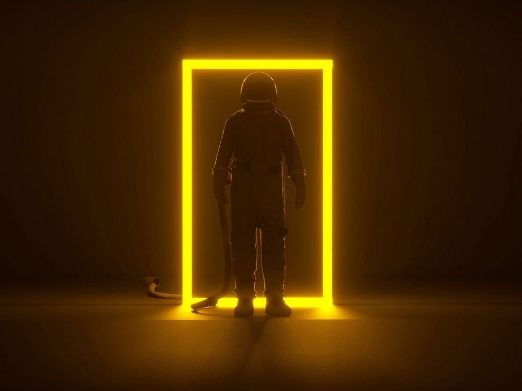 Astronaut at portal, neon frame, dark wallpaper, HD image, picture, background, 8382cb