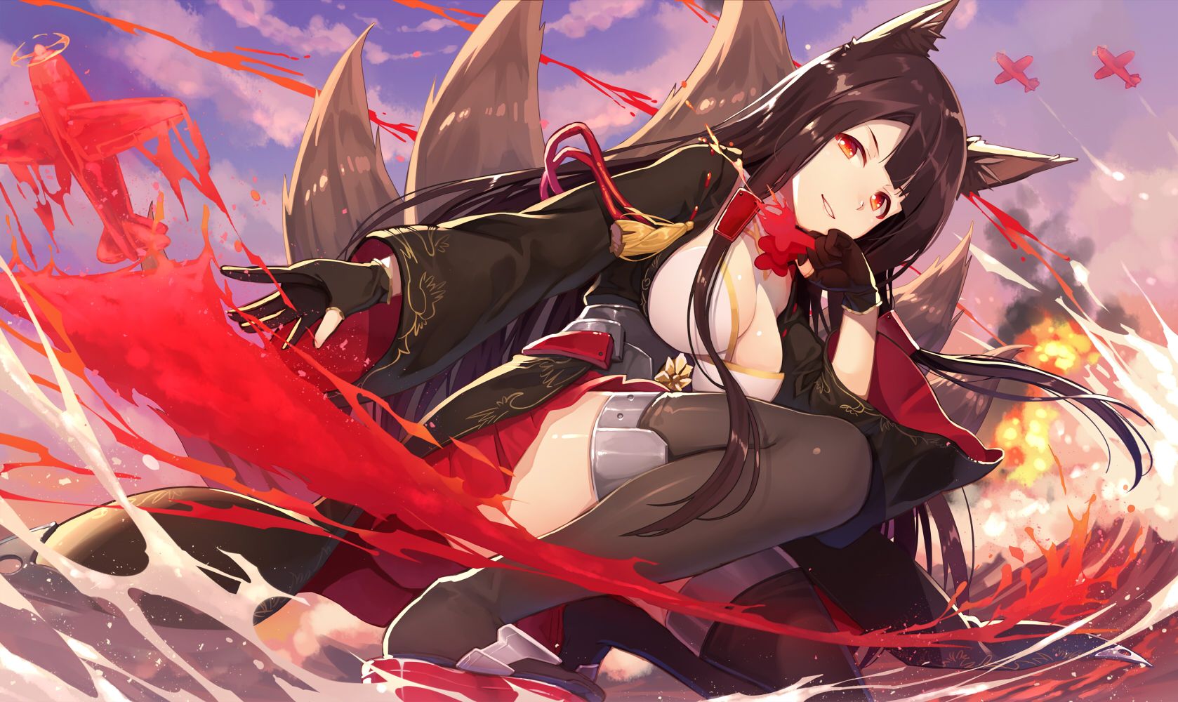 akagi (azur lane) animal ears anthropomorphism azur lane breasts brown hair cleavage clouds foxgirl gloves kibanda gohan long hair multiple tails orange eyes sky tail thighhighs water. konachan.com.com Anime