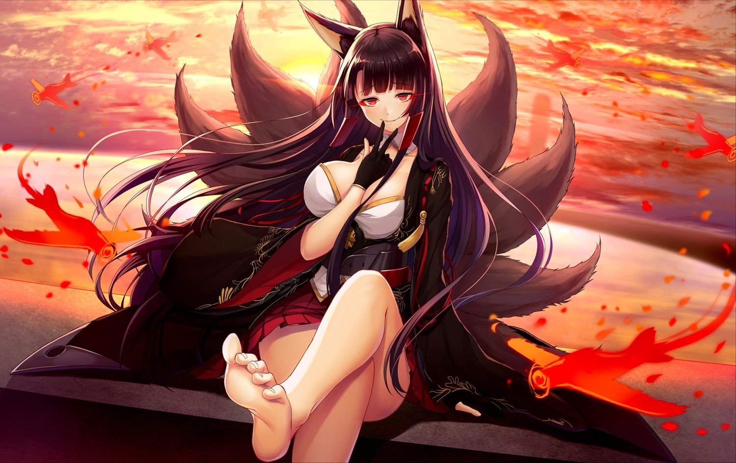 akagi (azur lane) animal ears anthropomorphism azur lane barefoot breasts brown hair clouds foxgirl gloves japanese clothes kurojo ayane long hair multiple tails red eyes tail. konachan.com.com Anime Wallpaper