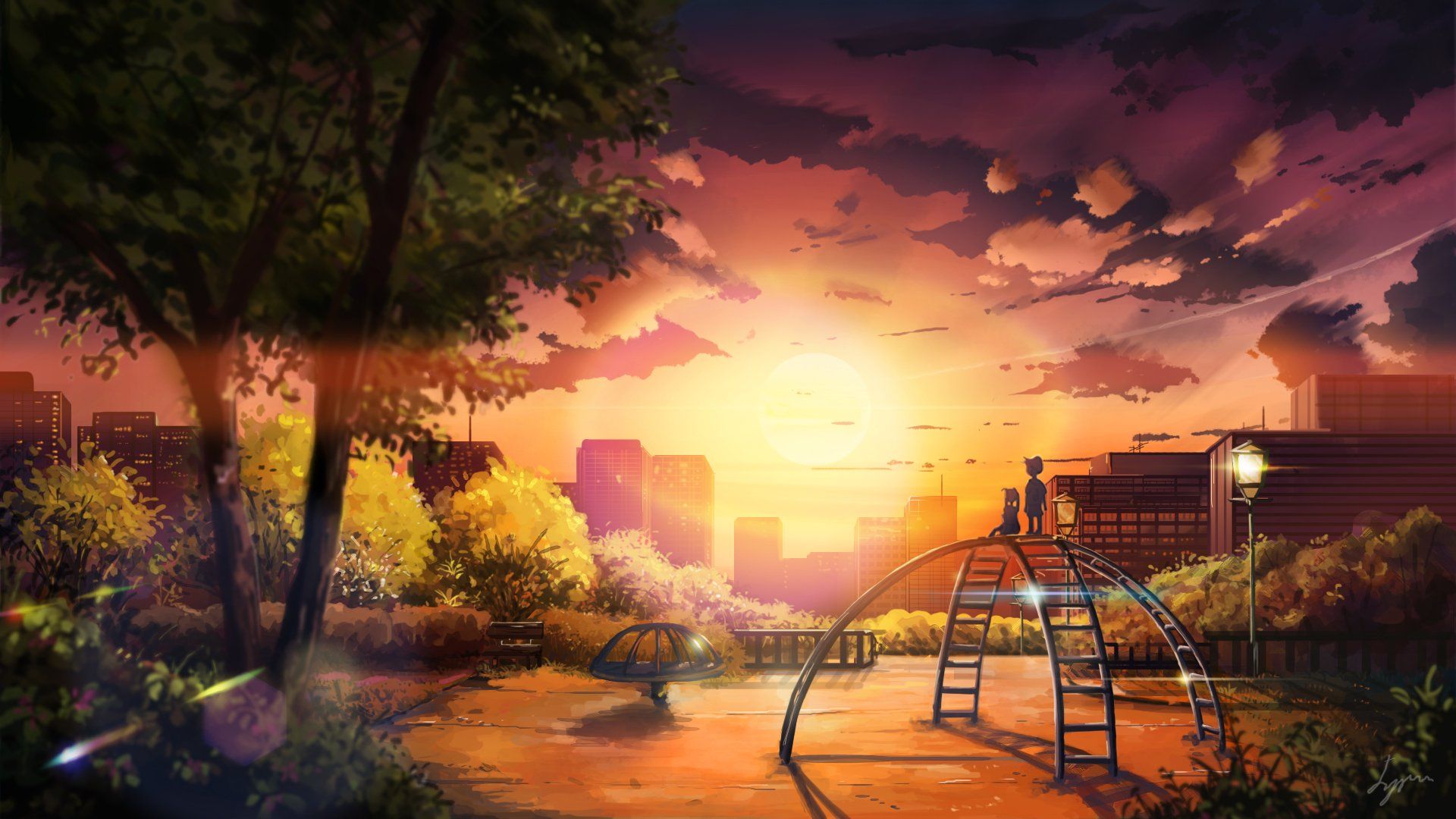 original, Anime, Landscape, Sunset, Sky, Cloud, Beautiful, Tree, Park, Children, City Wallpaper HD / Desktop and Mobile Background