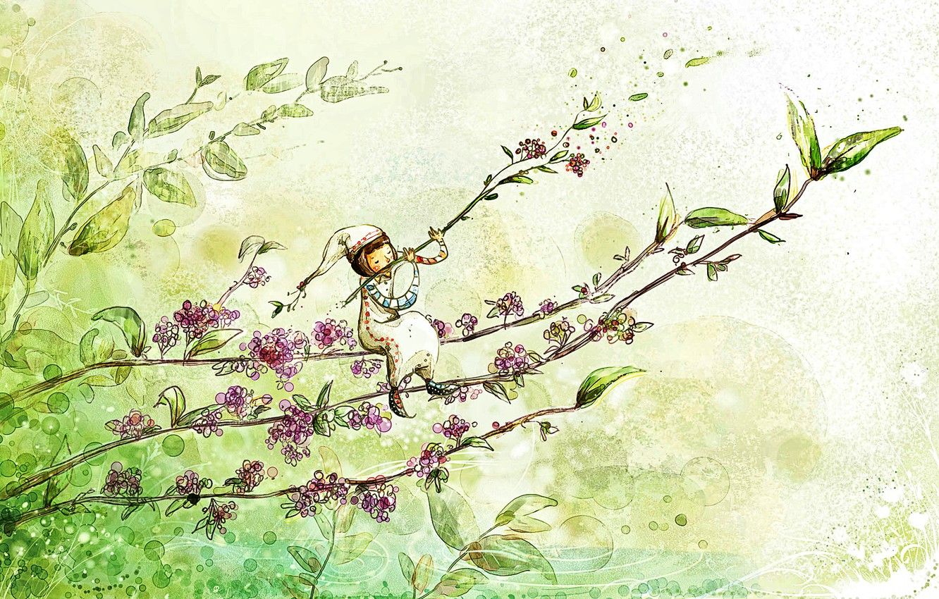 Wallpaper greens, flowers, mood, plant, tale, spring, morning, art, picture, the watercolor drawing, spring fantasy, melody of spring, elf on a blossoming branch image for desktop, section арт