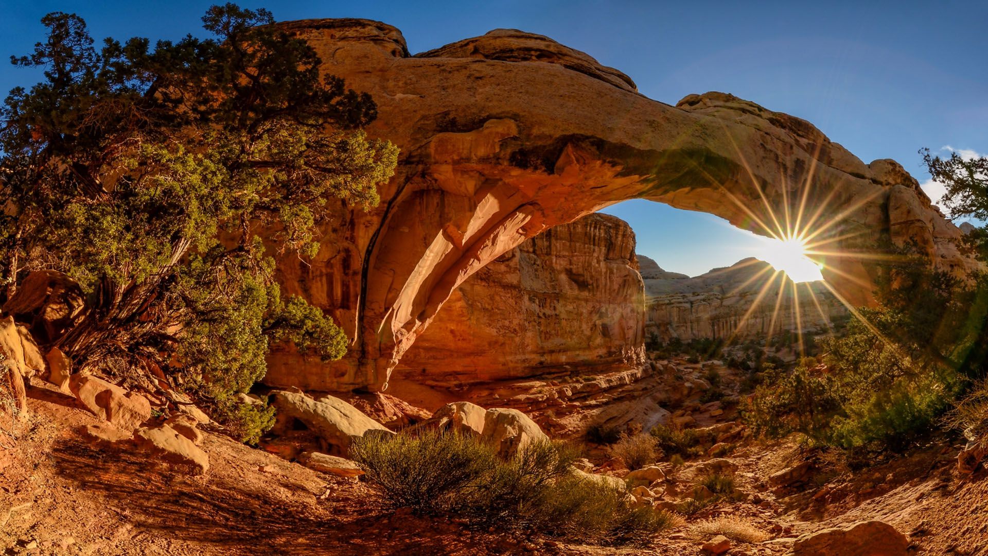Stone Bridge Rays Sunset Landscape Arch In Arches National Park Utah Usa Desktop Wallpaper Download Free 1920x1080, Wallpaper13.com