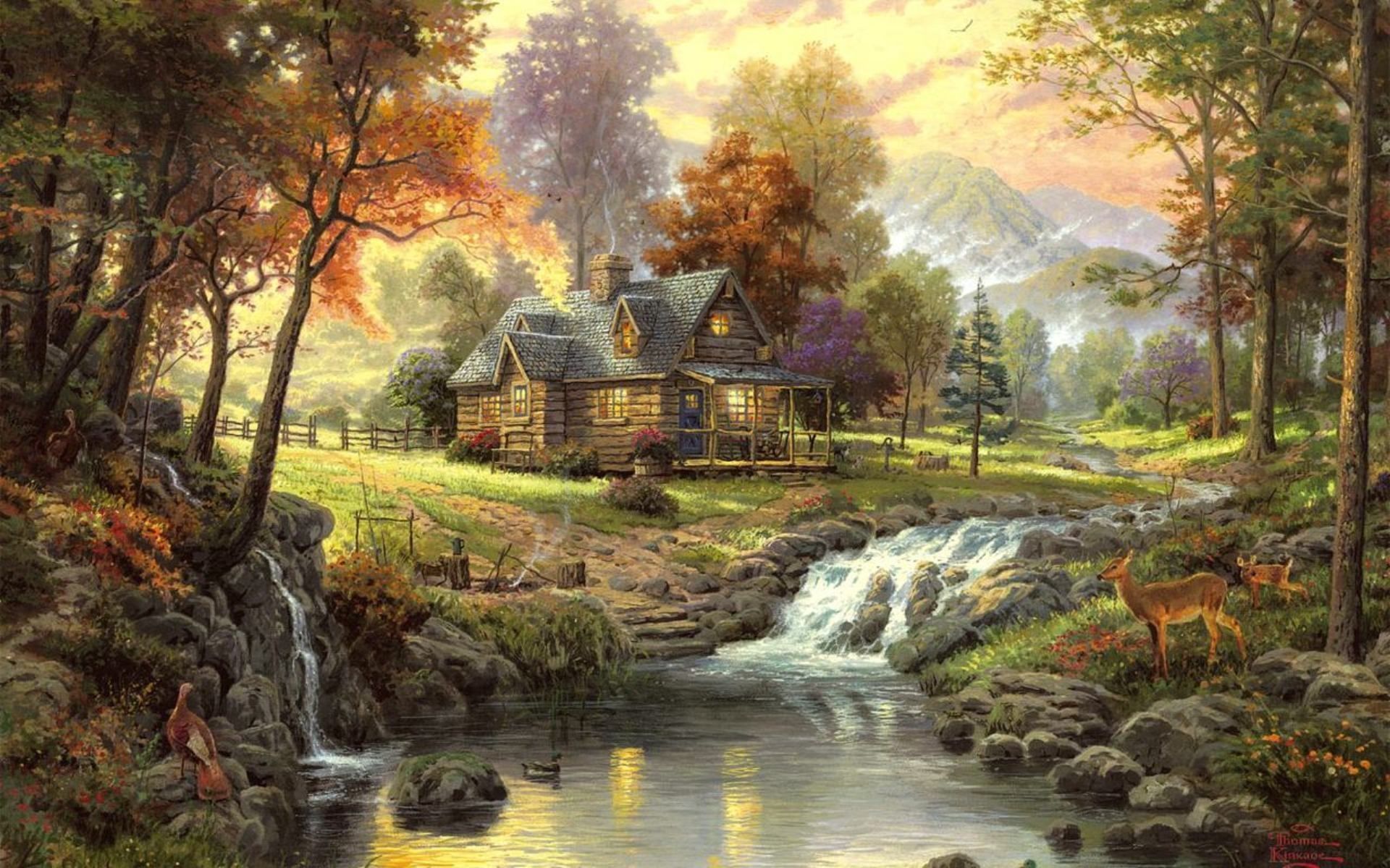Wallpaper, landscape, painting, ART, house, forest, river, animals 1920x1200