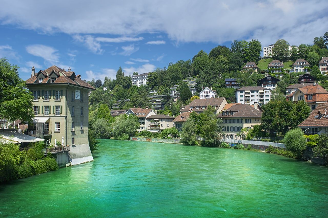 Desktop Wallpaper Bern Switzerland Aare river Trees Houses Cities