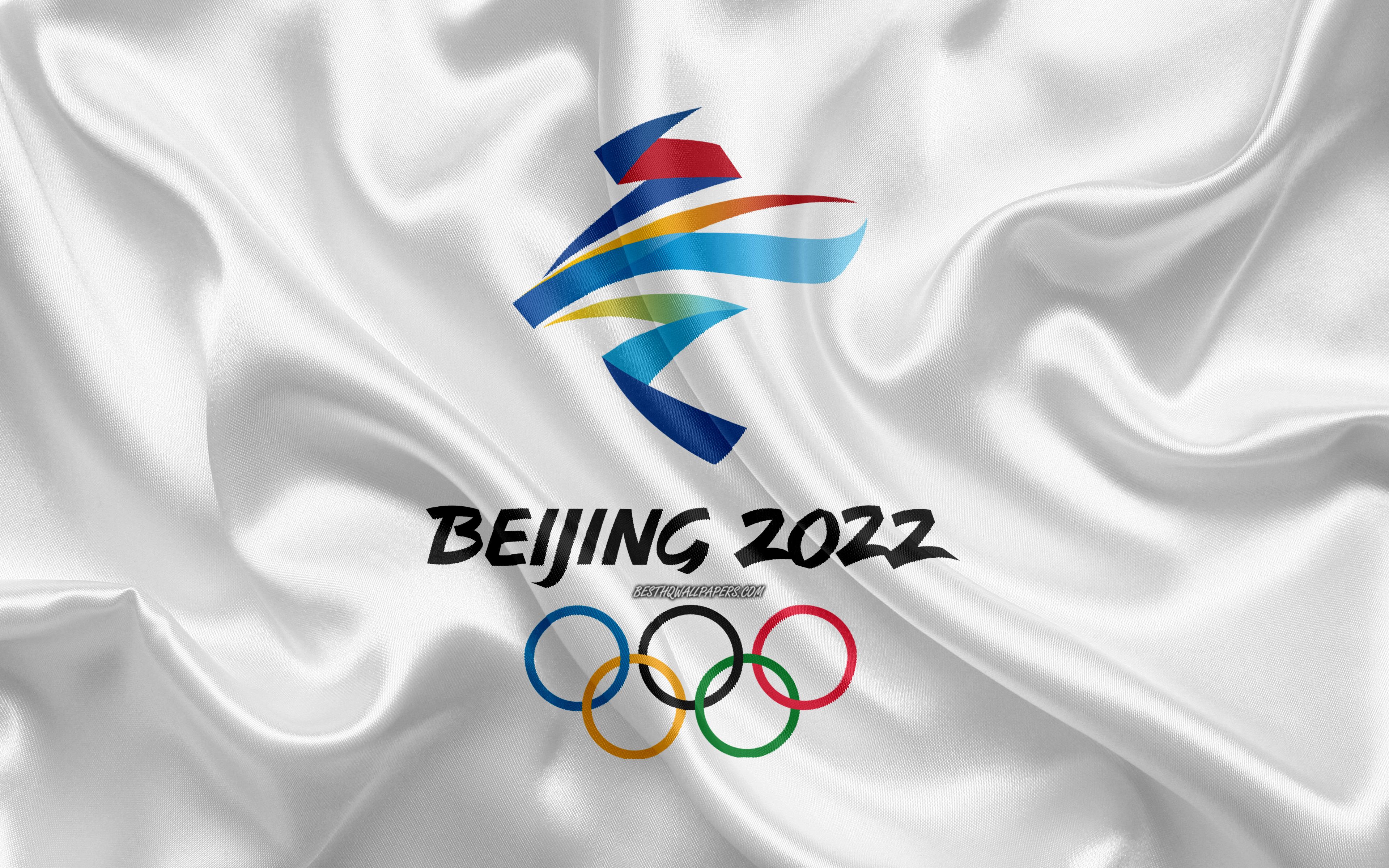 Download wallpaper 2022 Winter Olympics, logo, 4k, silk flag, Beijing 2022 logo, XXIV Olympic Winter Games, Beijing, China, silk texture for desktop with resolution 3840x2400. High Quality HD picture wallpaper