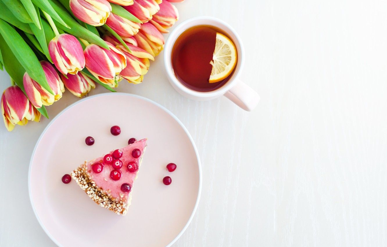 Wallpaper flowers, berries, lemon, tea, tulips, cake image for desktop, section еда