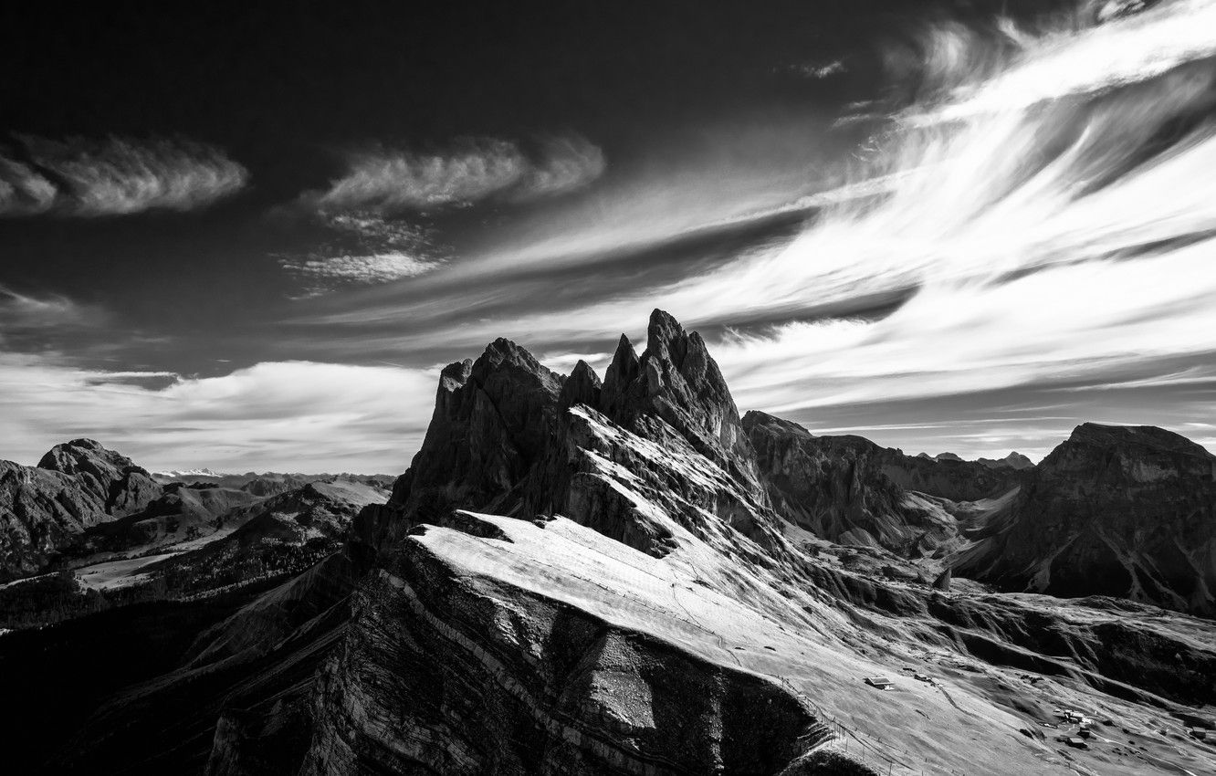 Wallpaper the sky, clouds, snow, mountains, rocks, black and white image for desktop, section природа