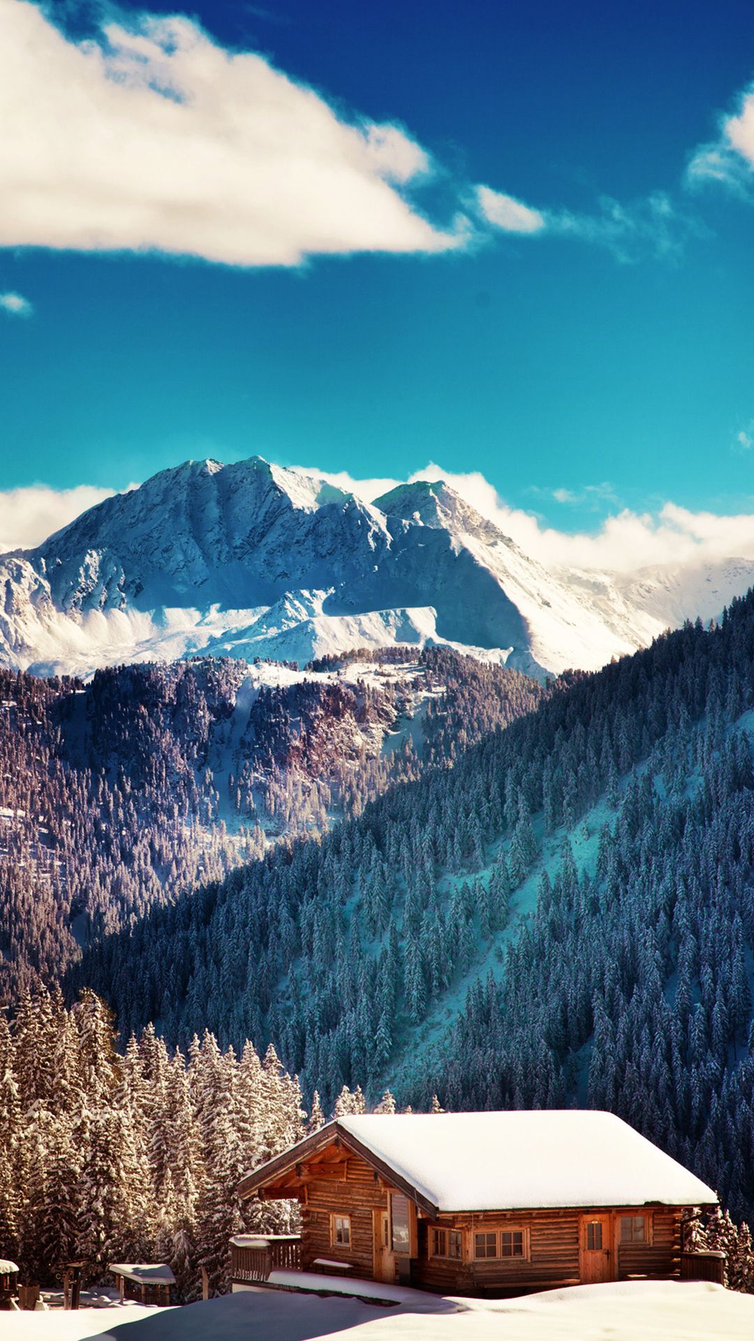 Mountains Chalet Blue Sky Android Wallpaper free download