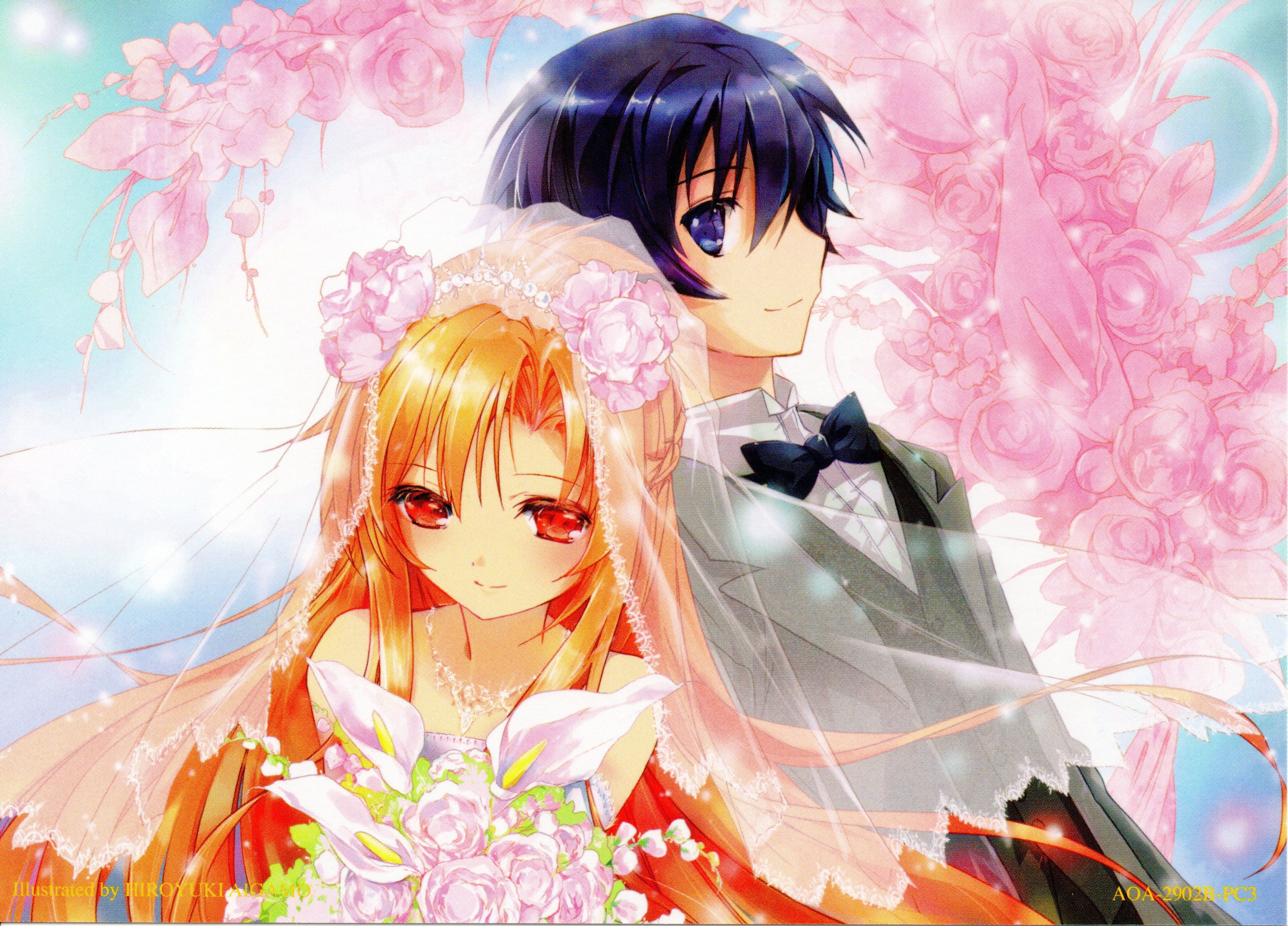 Wallpaper, 3722x2676 px, anime, ART, asuna, beautiful, bridal, character, couple, dress, flower, girl, online, series, sword, yuuki 3722x2676