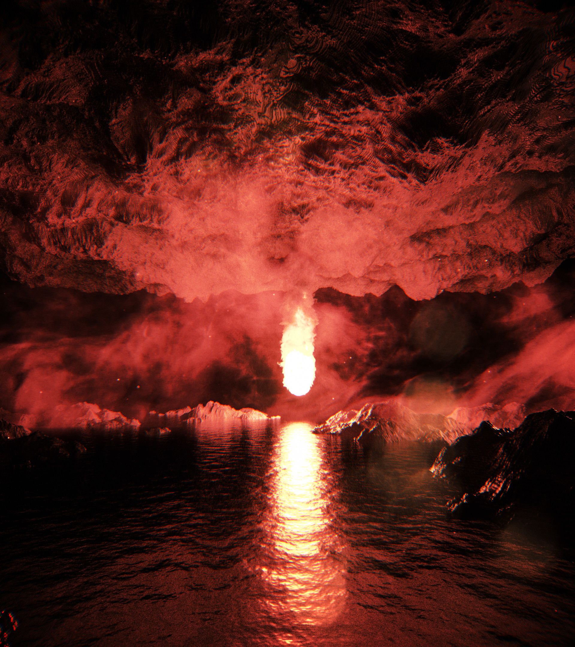 Download wallpaper 1920x2160 cave, fireball, reflection, water, blazing, bright HD background