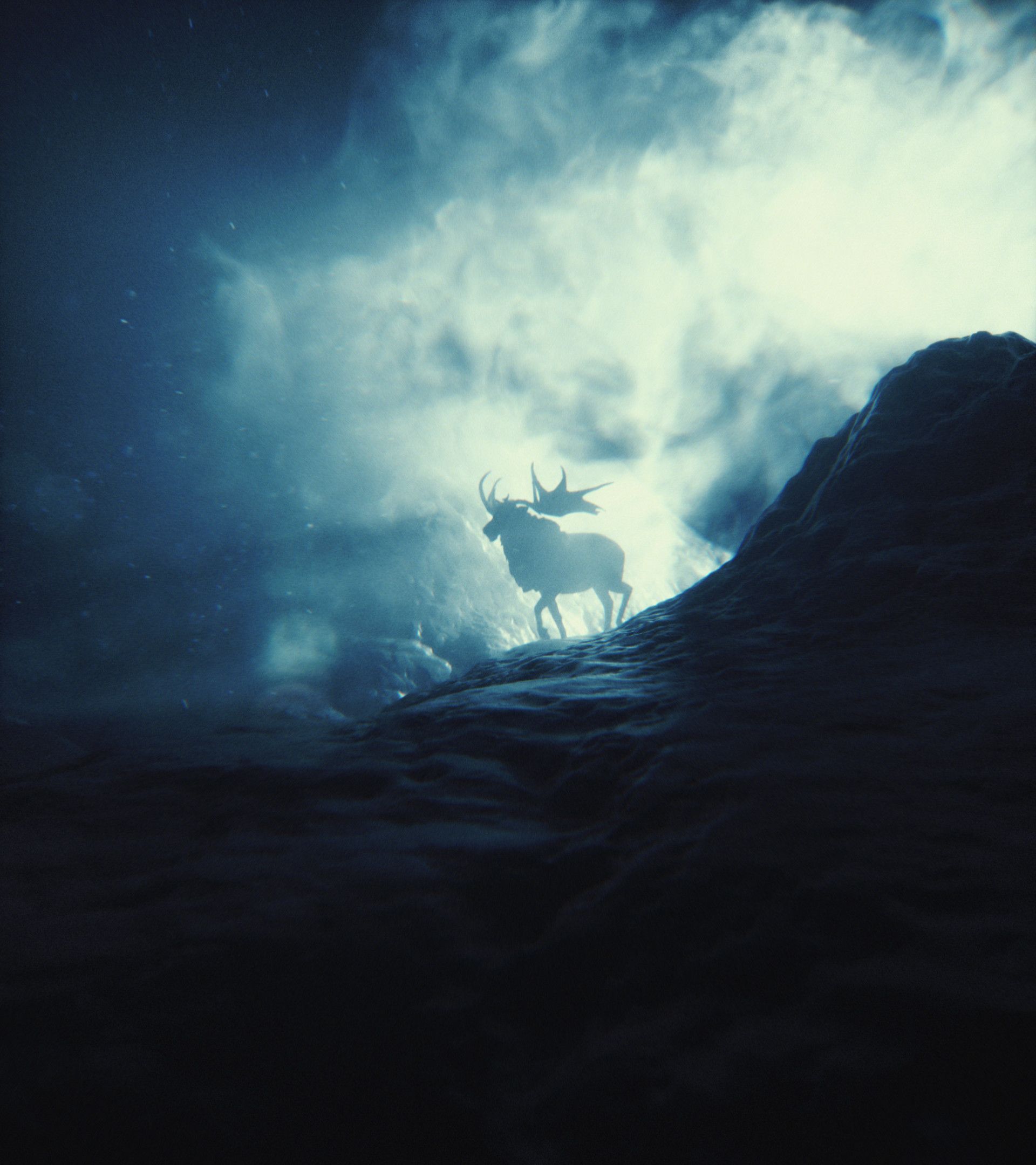 Download wallpaper 1920x2160 elk, mountains, smoke, light, silhouette, horns, stones HD background