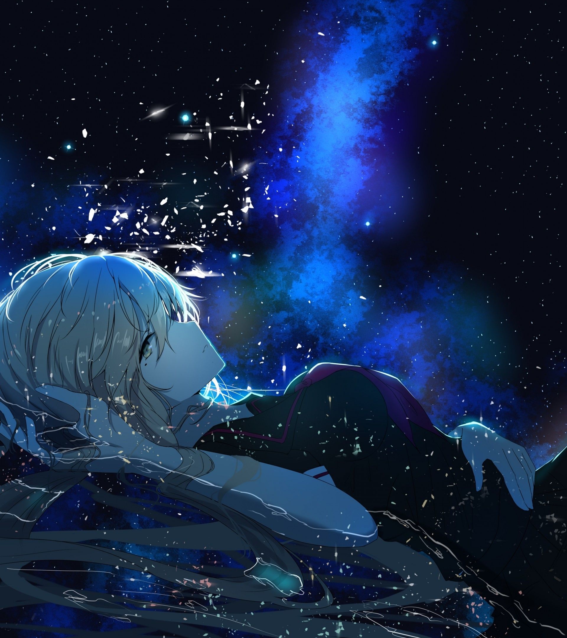 Anime Girl, Lying Down, Butterfly, Profile View, Stars Desk Background HD Wallpaper