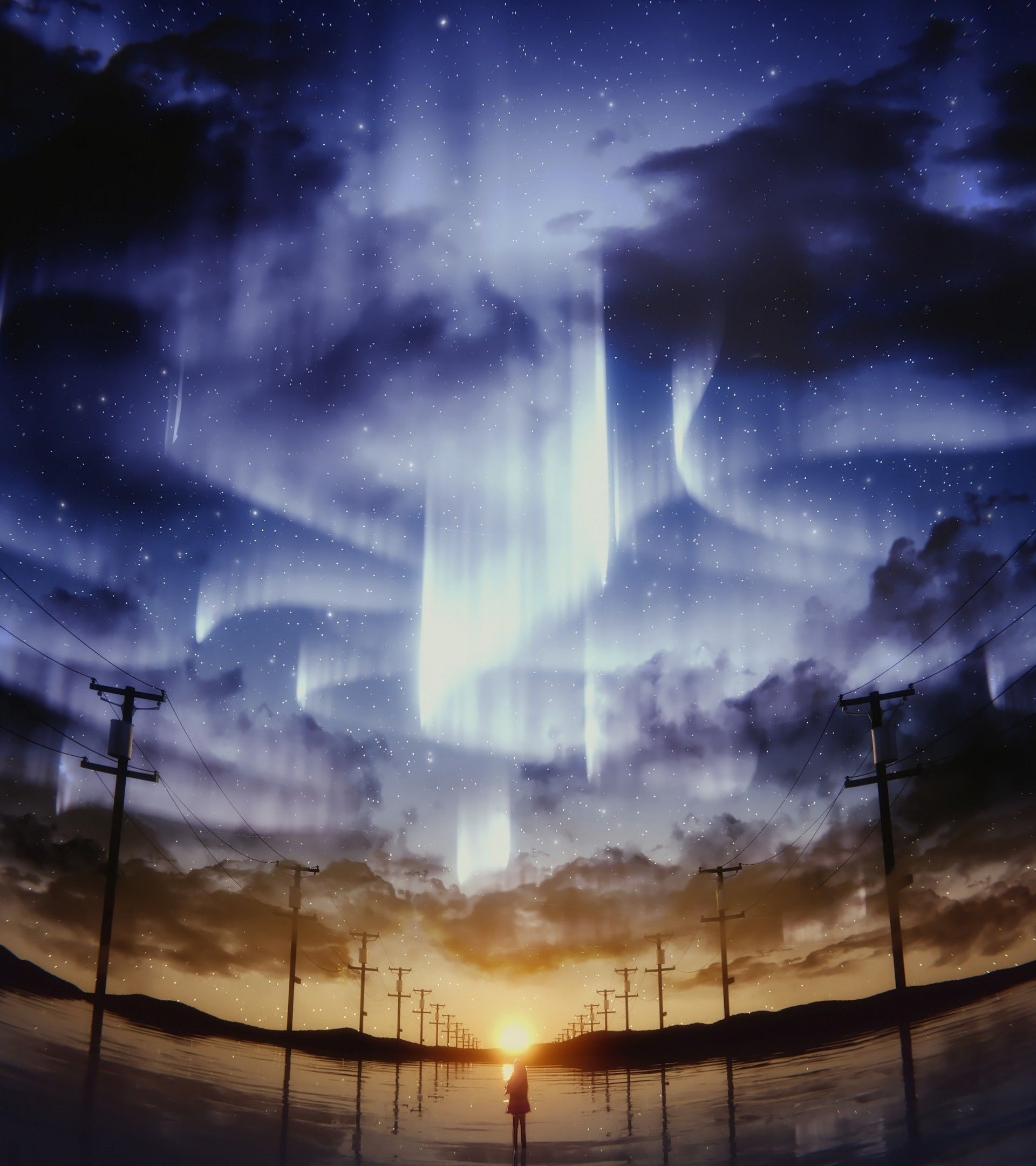 Download 1920x2160 Anime Girl, Starry Sky, Aurora, Sunlight, Reflection, Scenic Wallpaper