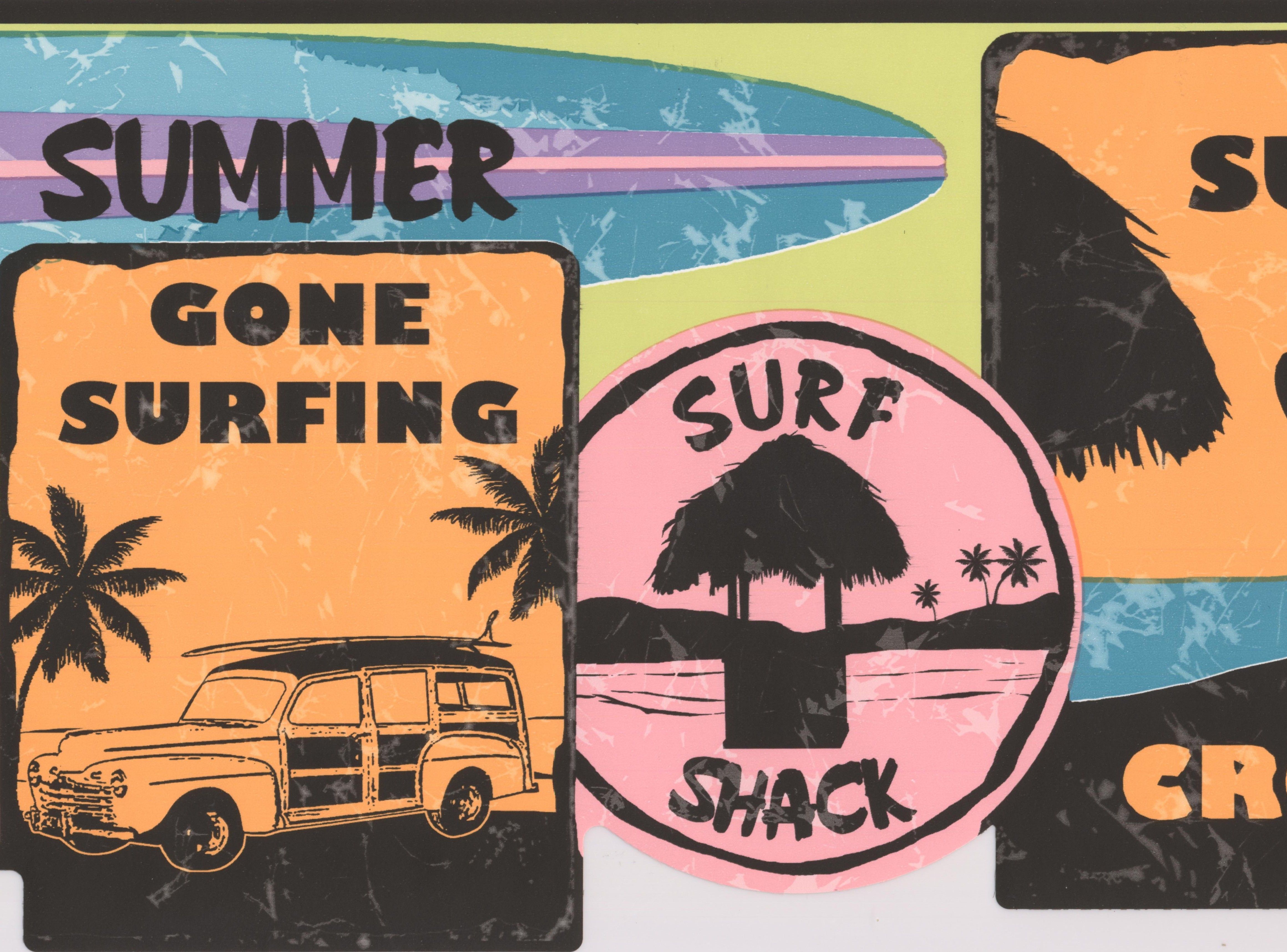 Wallpaper Border Surf Signs Vintage Wall Border for Surfer Teen, Roll 15 ft X 9 in
