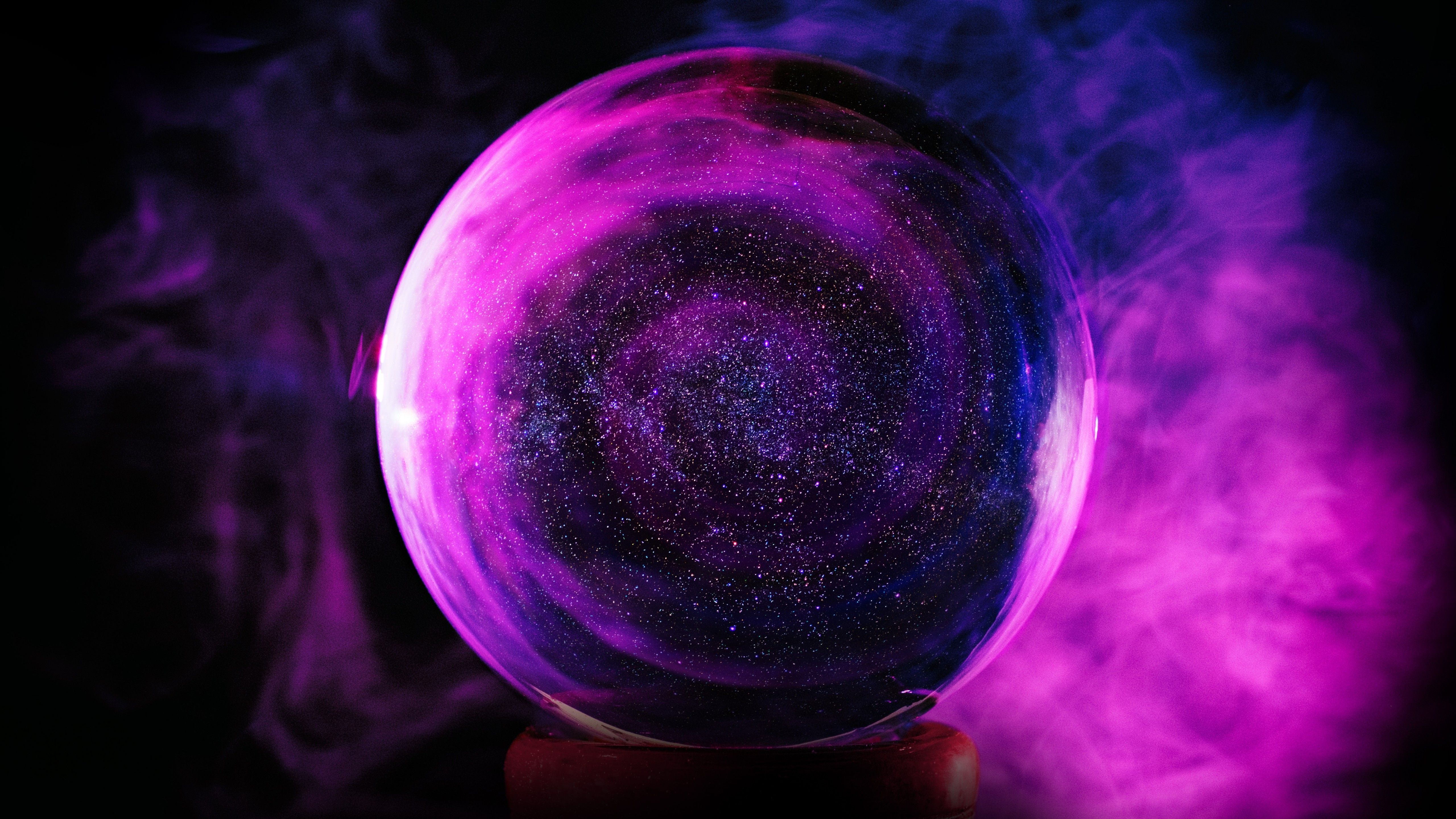 Crystal Ball 4K Wallpaper, Purple Smoke, Glass Ball, Black background, Sphere Balls, 5K, Abstract