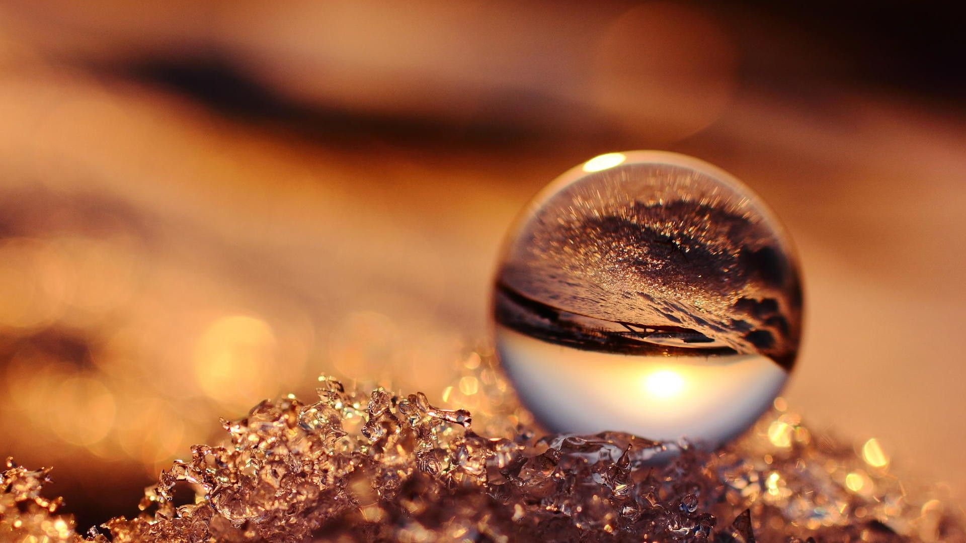 Nature Macro Glass Ball Sphere Transparency Water Waves Reflection Sun Sky Bokeh Depth Of Field Wallpaper:1920x1080