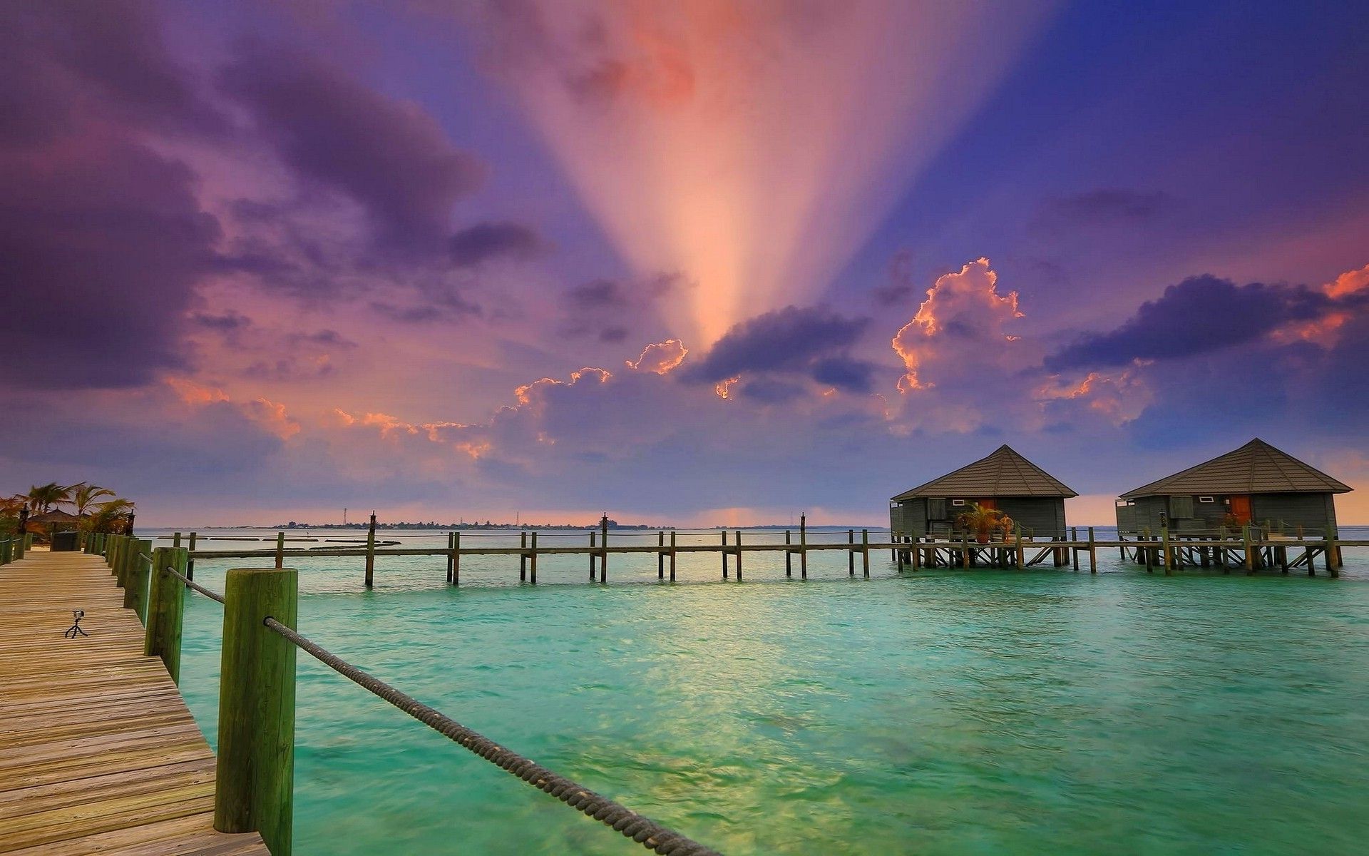 nature, Landscape, Sun Rays, Beach, Clouds, Resort, Sunset, Bungalow, Walkway, Sea, Maldives, Water Wallpaper HD / Desktop and Mobile Background
