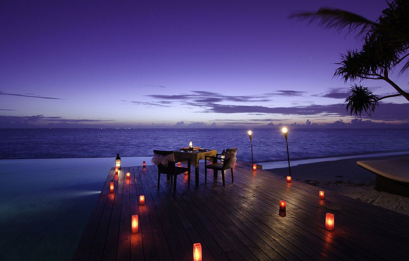 Wallpaper the ocean, shore, the evening, candles, pool, resort, table, Maldives, dinner, Jumeirah Dhevanafushi, Romance at sunset image for desktop, section настроения