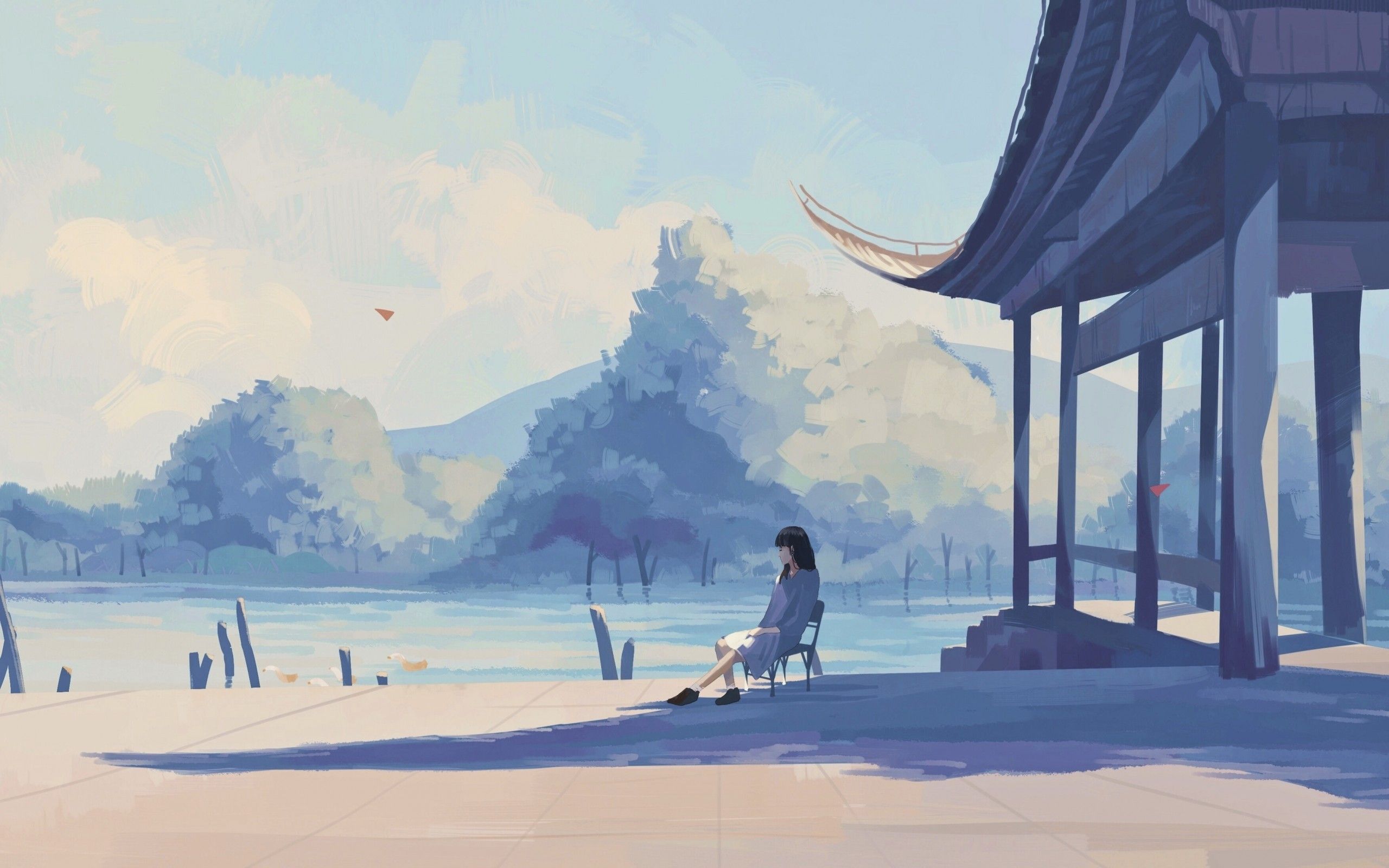 Lonely Anime Girl, Lake, Pastel Colors, Shadow Anime Wallpaper Laptop HD Wallpaper