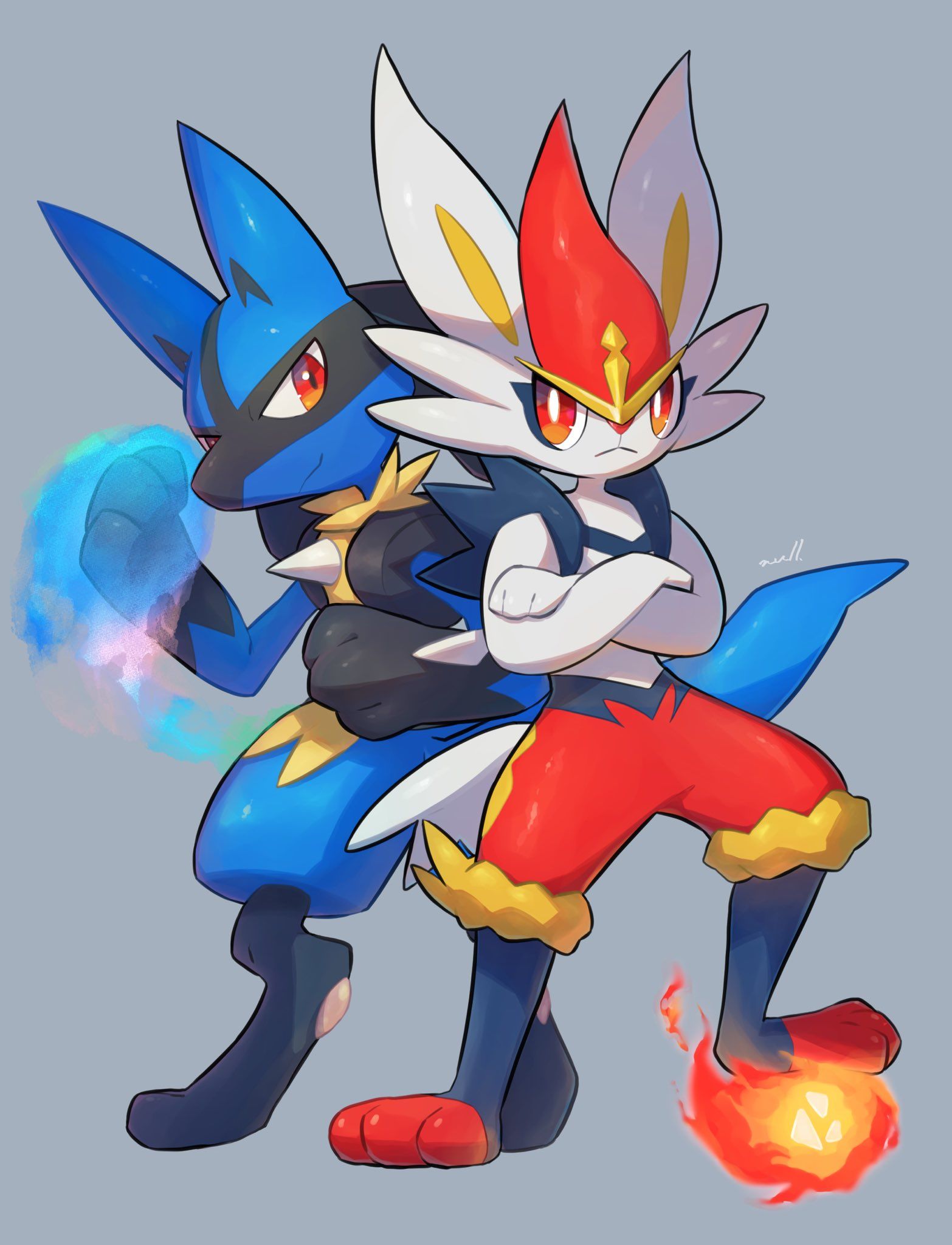 lucario and cinderace (pokemon) drawn