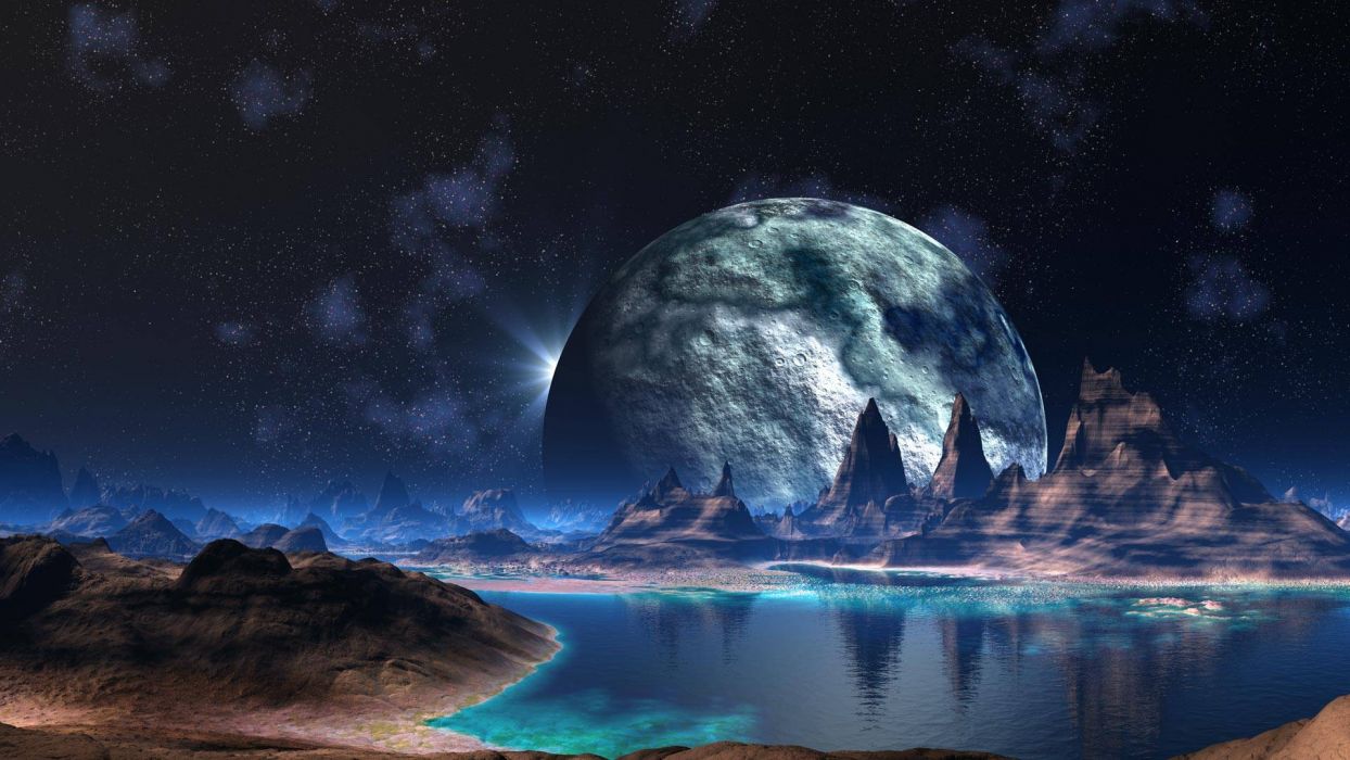 Alien Landscape Planet Stars Lake Sci Fi Space Reflection Mountains Wallpaperx1080