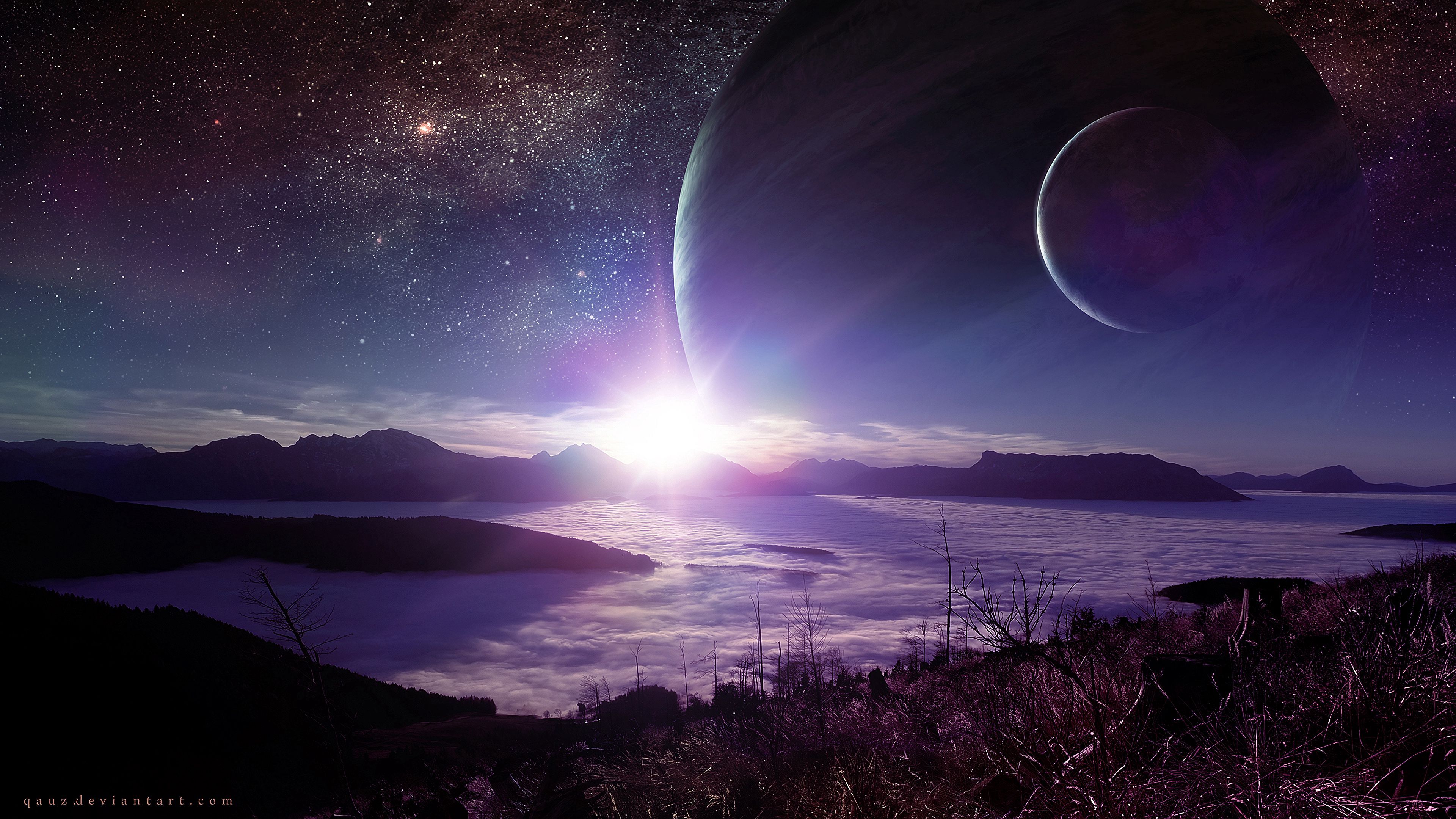 Download wallpaper 3840x2160 planet, landscape, flash, shine, alien HD background