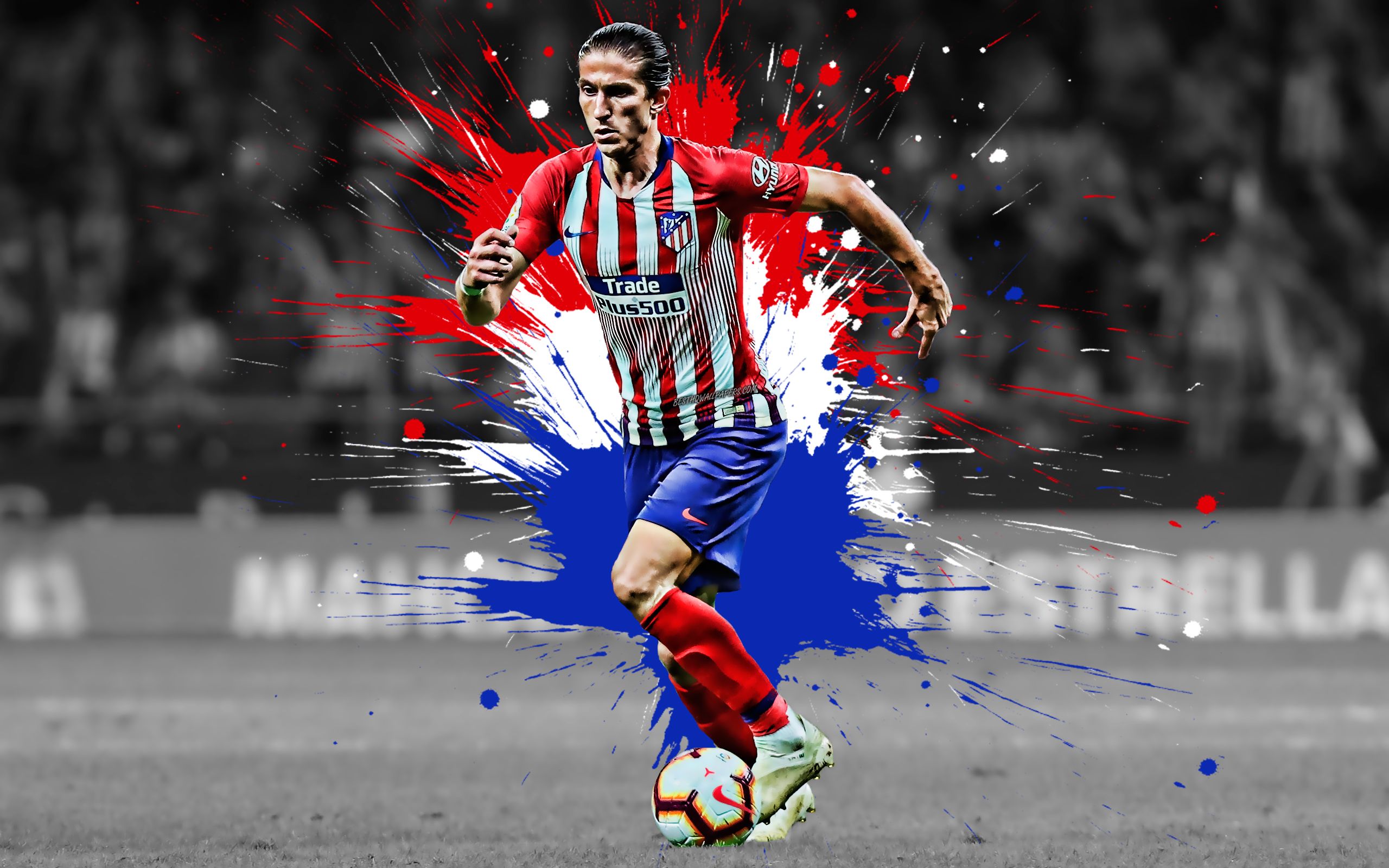 Download wallpaper Filipe Luis, 4k, Brazilian football player, Atletico Madrid, defender, red blue white paint splashes, creative art, La Liga, Spain, football, grunge for desktop with resolution 2560x1600. High Quality HD picture