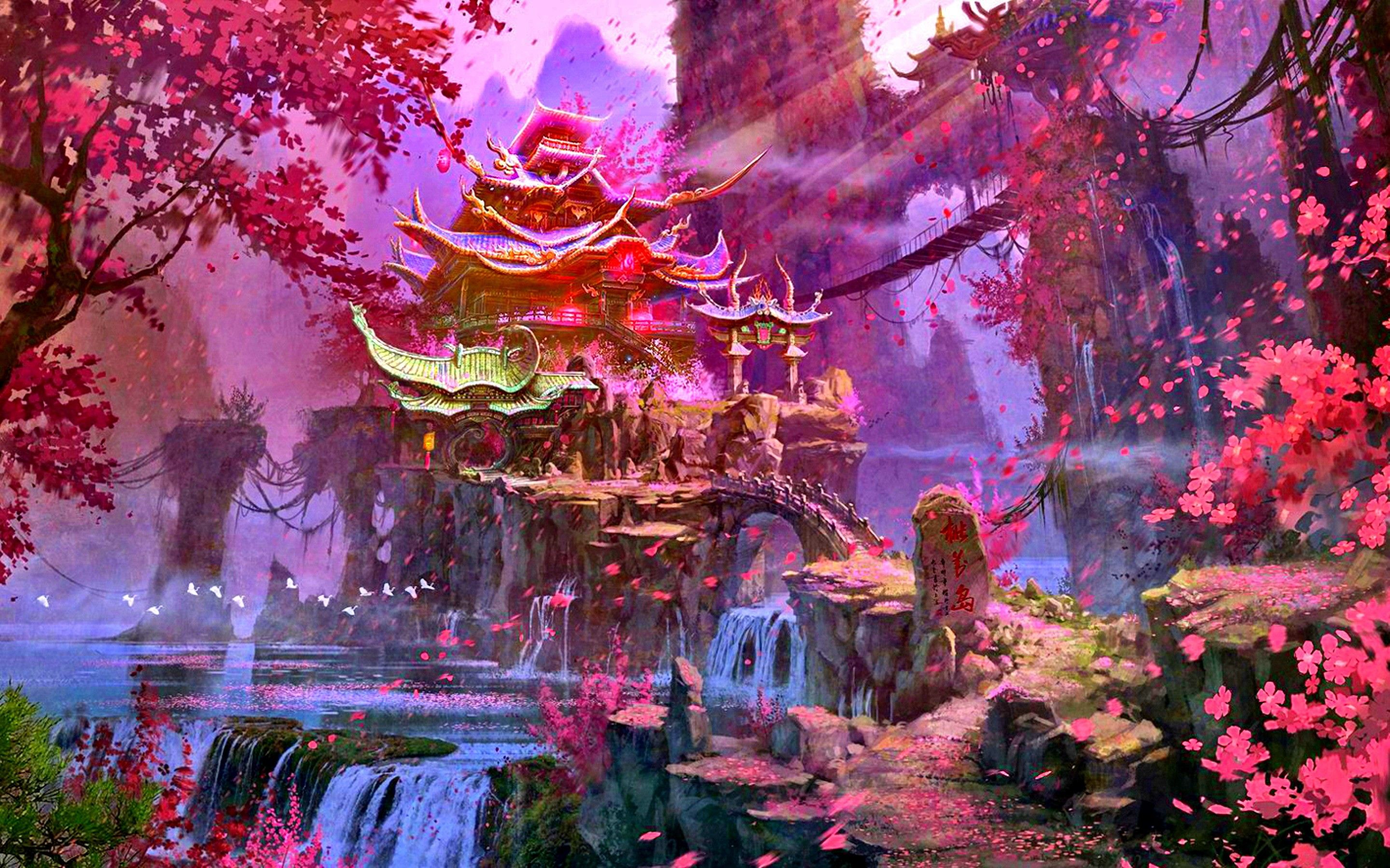 Forces Of Nature Japan Mountains Trees Blossoms Castle Art Wallpaper Japan