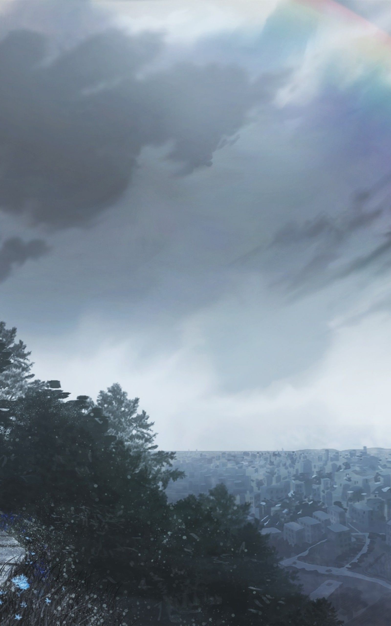 Download 1600x2560 Anime Landscape, Rainbow, Raining, Cityscape, Dark Clouds, Sky Wallpaper for Google Nexus 10