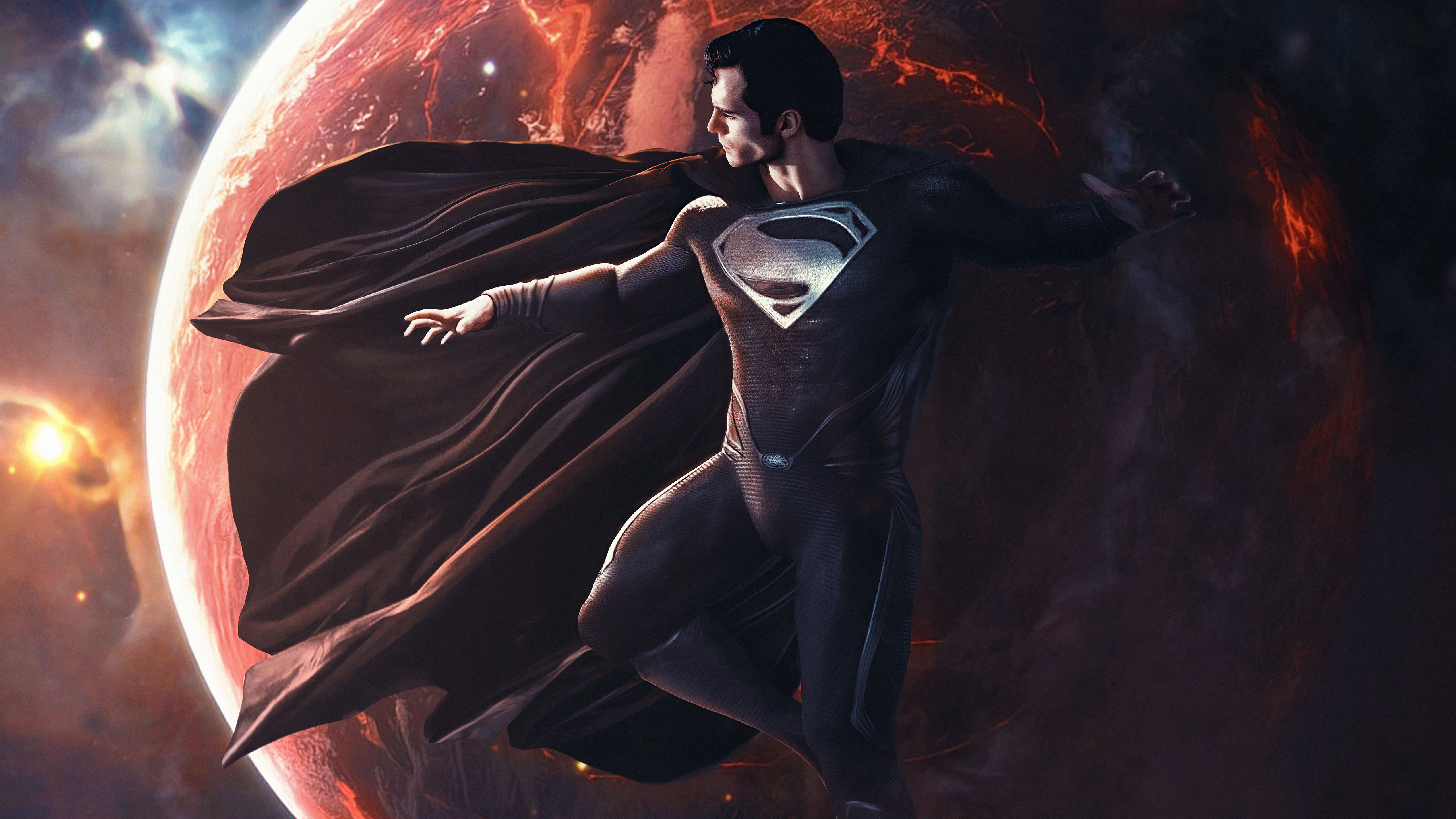 Superman with black suit over the earth Wallpaper 5k Ultra HD