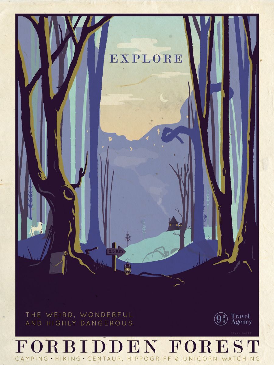 The Forbidden Forest Travel Poster by Bryan Baltz. Harry potter travel poster, Harry potter poster, Harry potter artwork