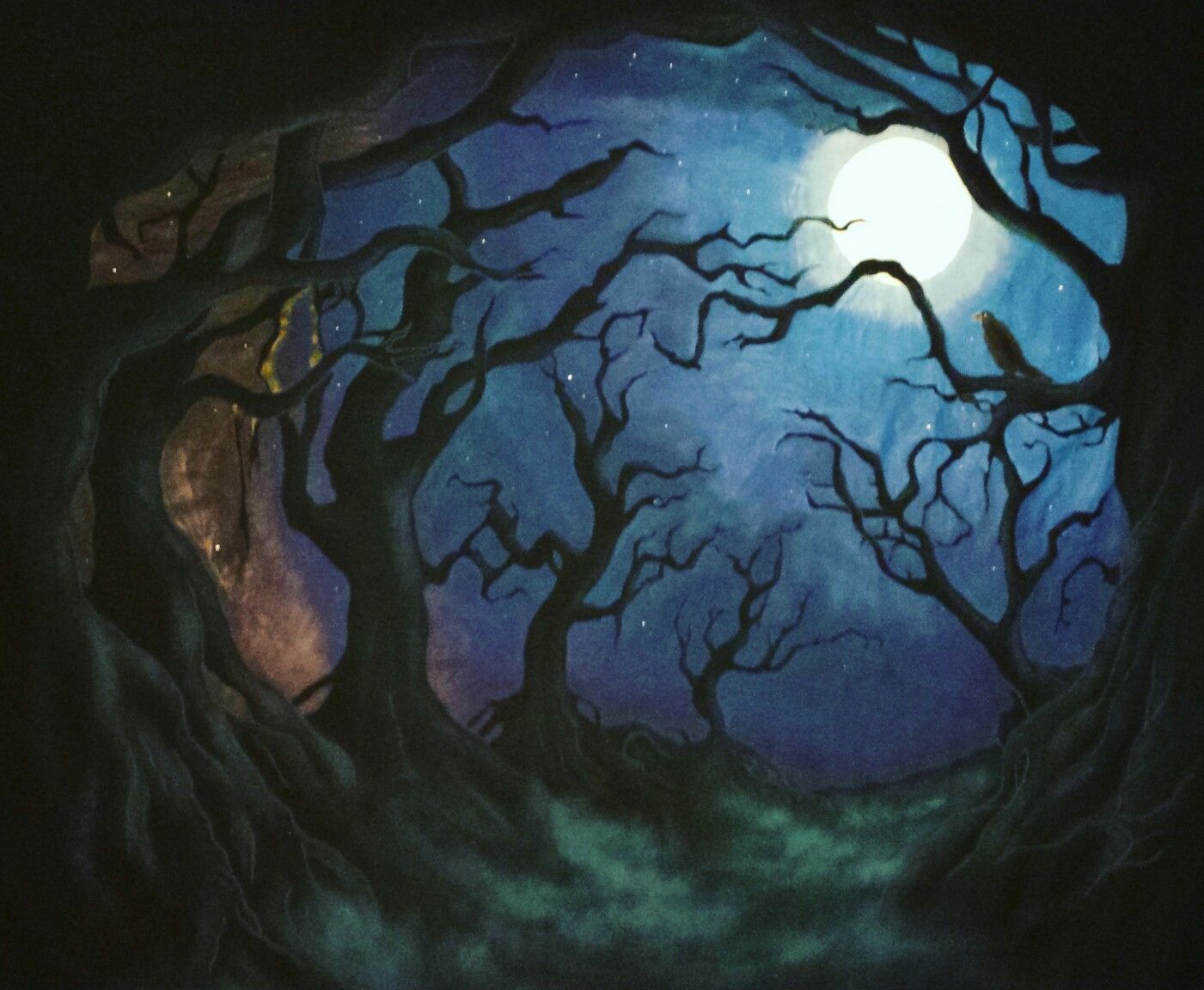 Harry Potter's forbidden forest painted on a queen sized sheet. I used a reference picture for this one though,. Autumn painting, Forest painting, Forest drawing