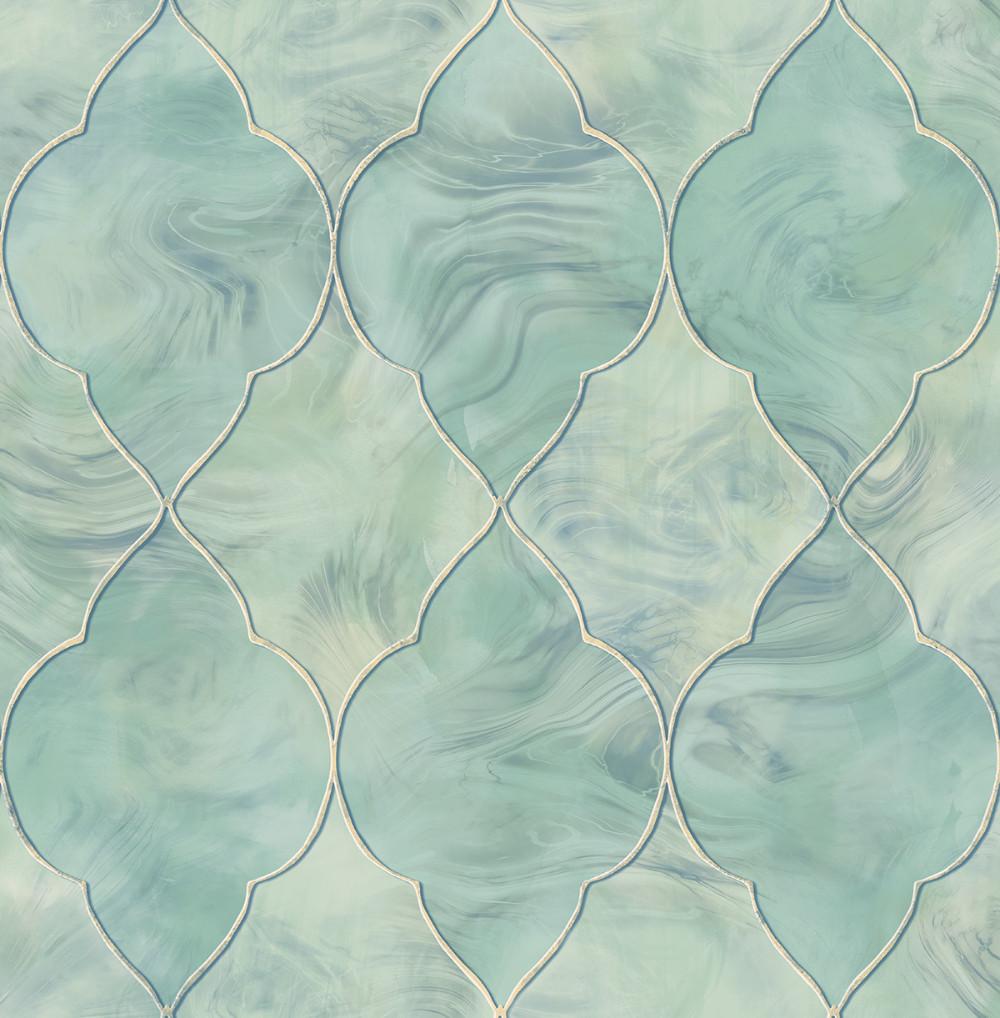 Baroque Glass Wallpaper in Blue, Gold, and Cream from the Aerial Colle