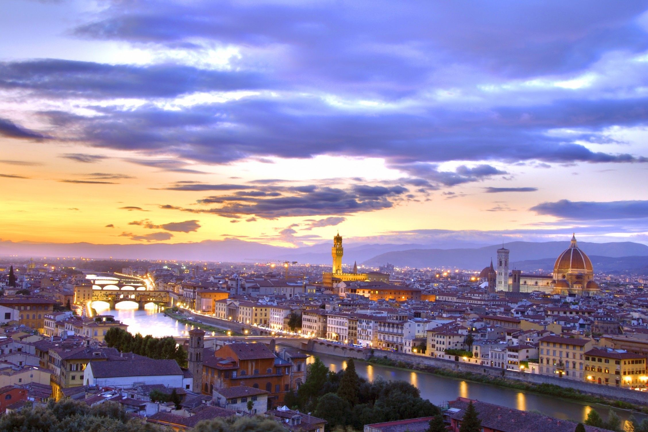 Download 2256x1504 Italy, Florence, Canal, Sunset, Cityscape, Buildings Wallpaper