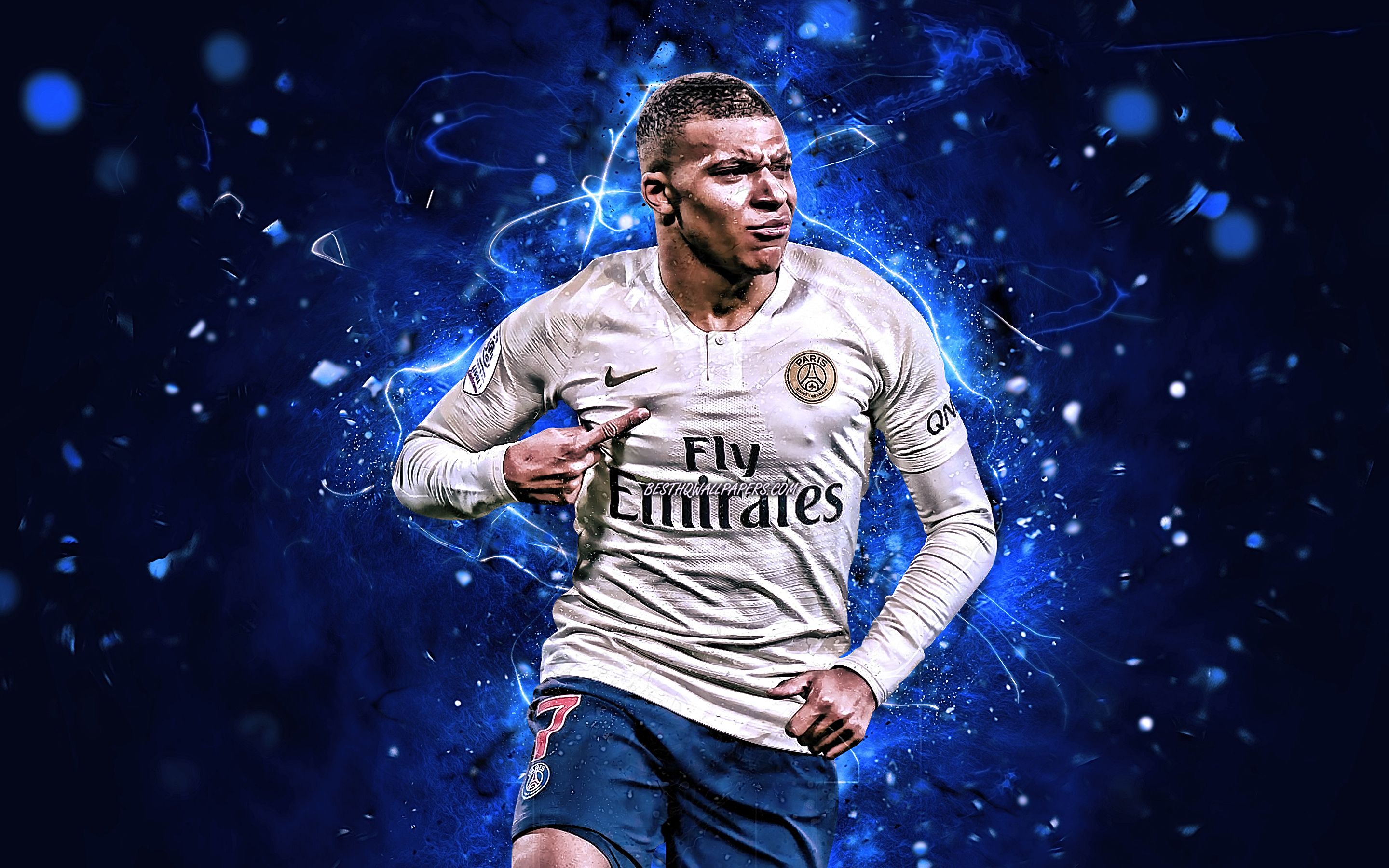Download Wallpaper Kylian Mbappe, PSG, Football Stars, French Footballers, White Uniform, Ligue Paris Saint Germain, Mbappe, France, Goal, Neon Lights, Soccer For Desktop With Resolution 2880x1800. High Quality HD Picture Wallpaper