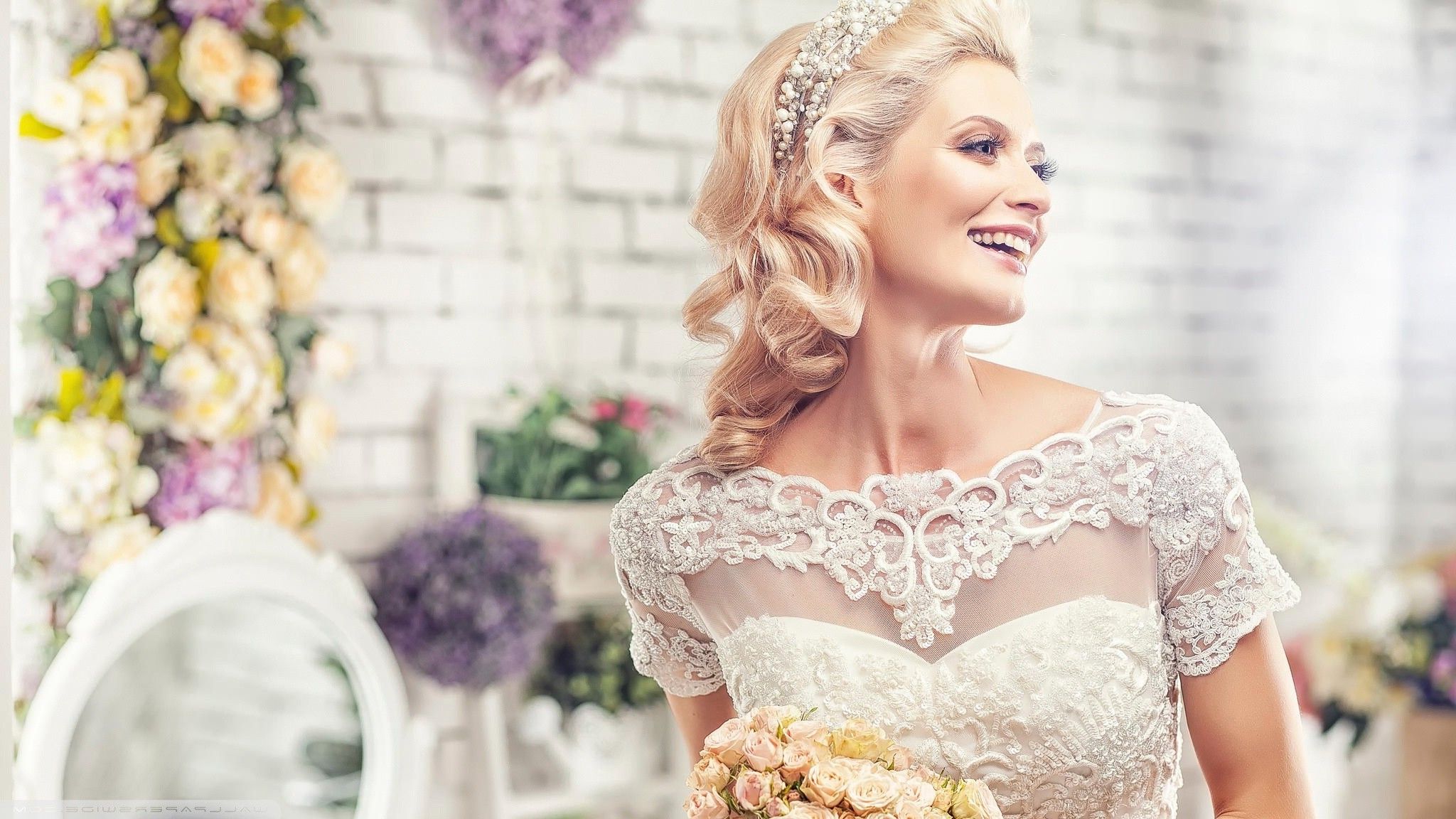 women, Wedding Dress, Weddings, Blonde, Smooth Skin, Classy, Smiling Wallpaper HD / Desktop and Mobile Background