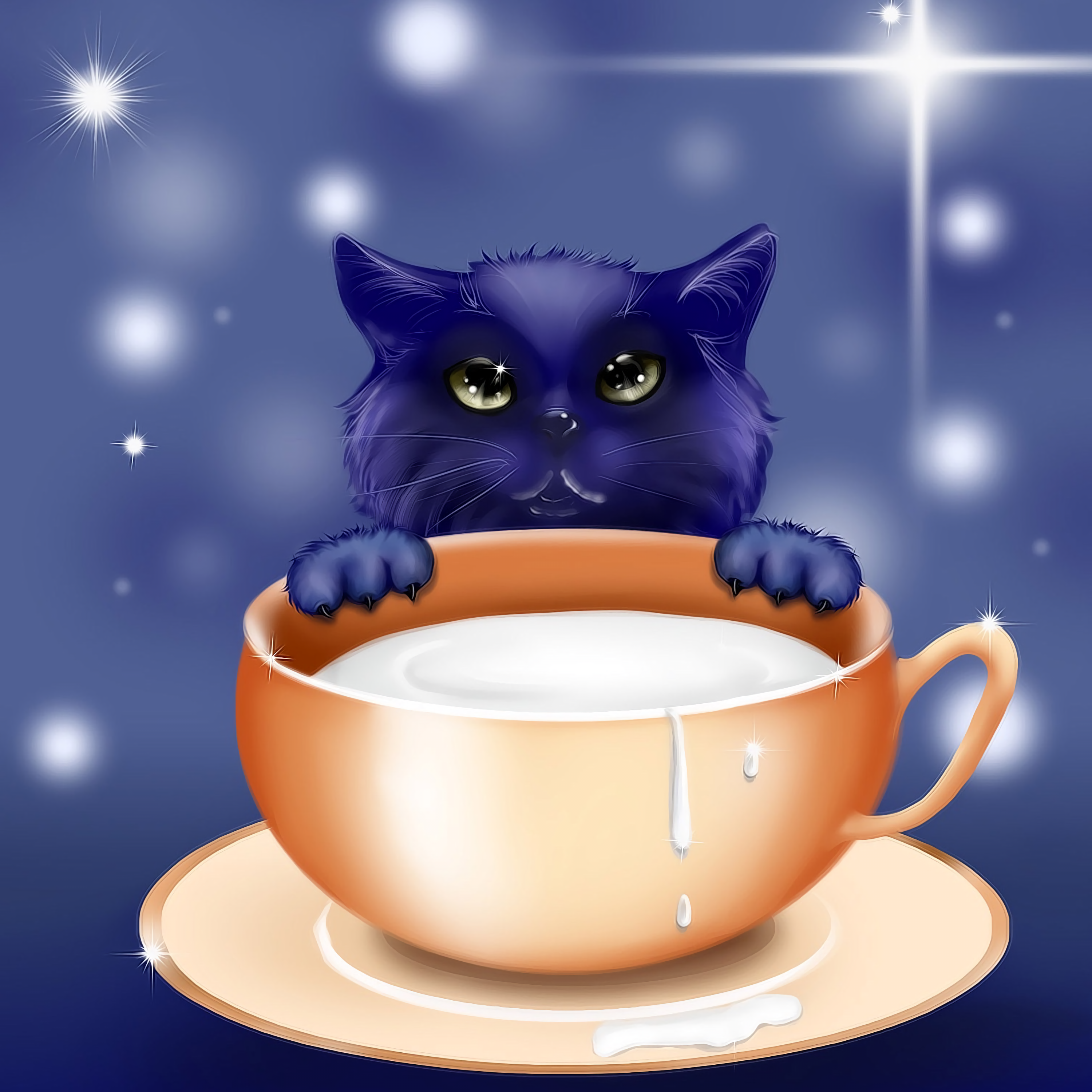 Download wallpaper 3000x3000 kitten, milk, cup, art, cute HD background
