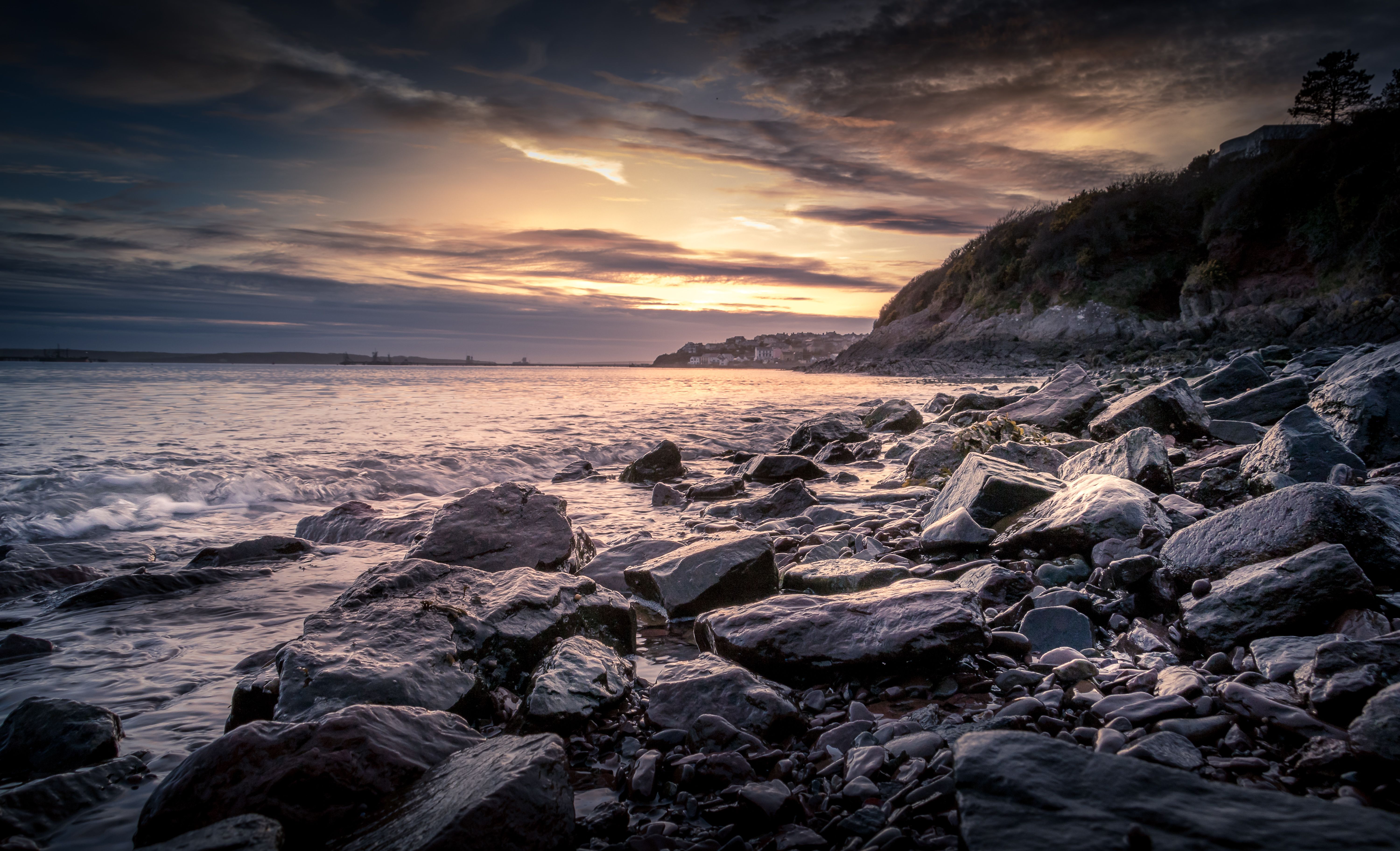 Wallpaper, sunset, coast, sea, beach, seaside, water, rocks, sky, Wales, UK, greatbritain 5999x3649