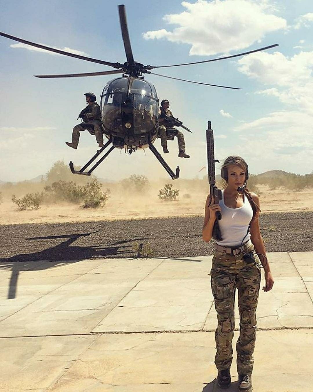 Helicopter. Army girl, Military girl, Girl guns