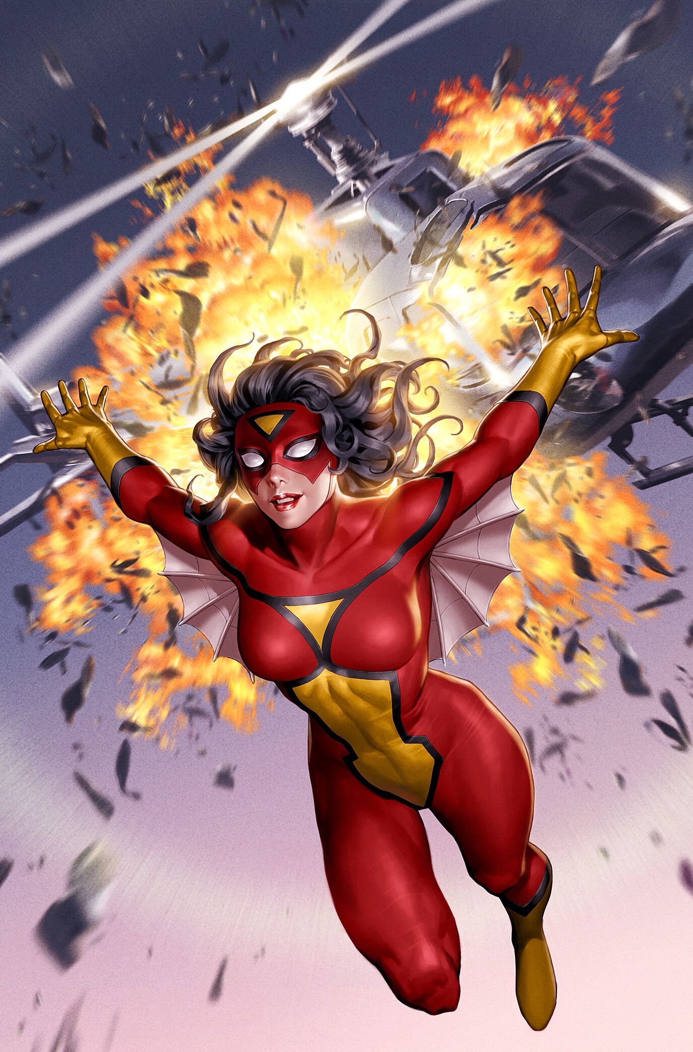 Wallpaper, Junggeun Yoon, women, Marvel Comics, costumes, helicopter, explosion, Fly, Spider Woman 1375x2088