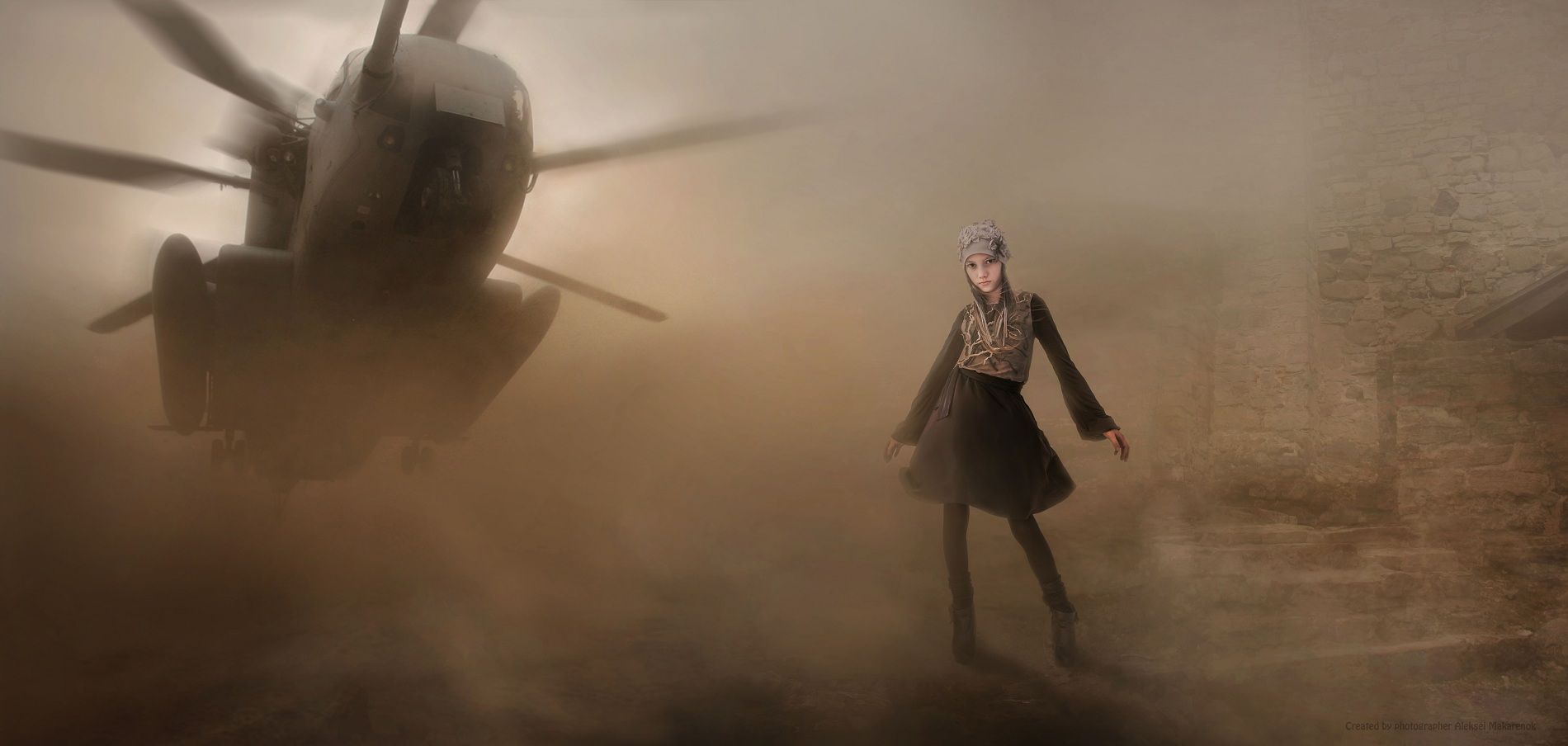 Wallpaper, women, helicopter, dust, sand, children, looking at viewer, Photohop 1900x904