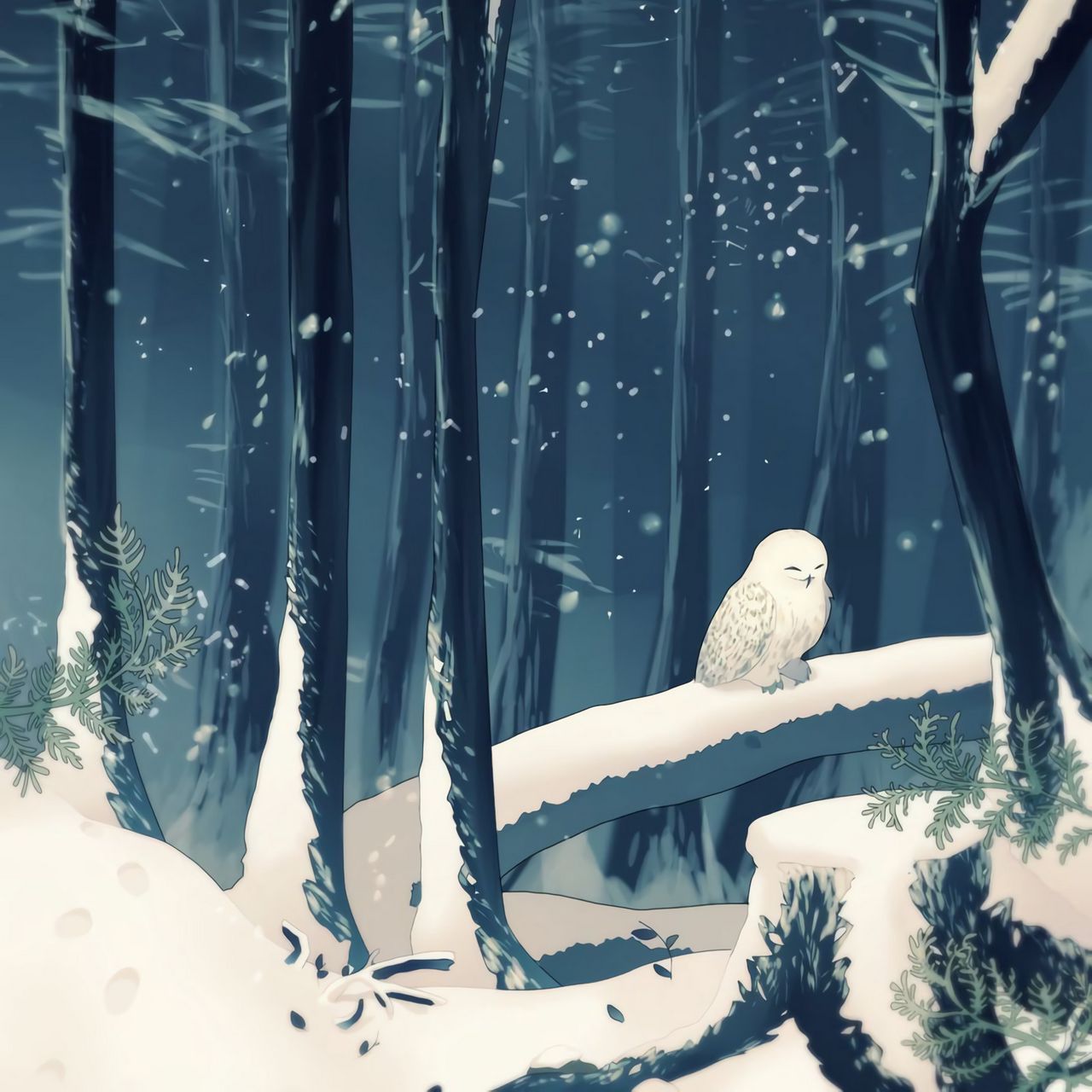 Download wallpaper 1280x1280 forest, owl, art, snow, winter ipad, ipad ipad mini for parallax HD background