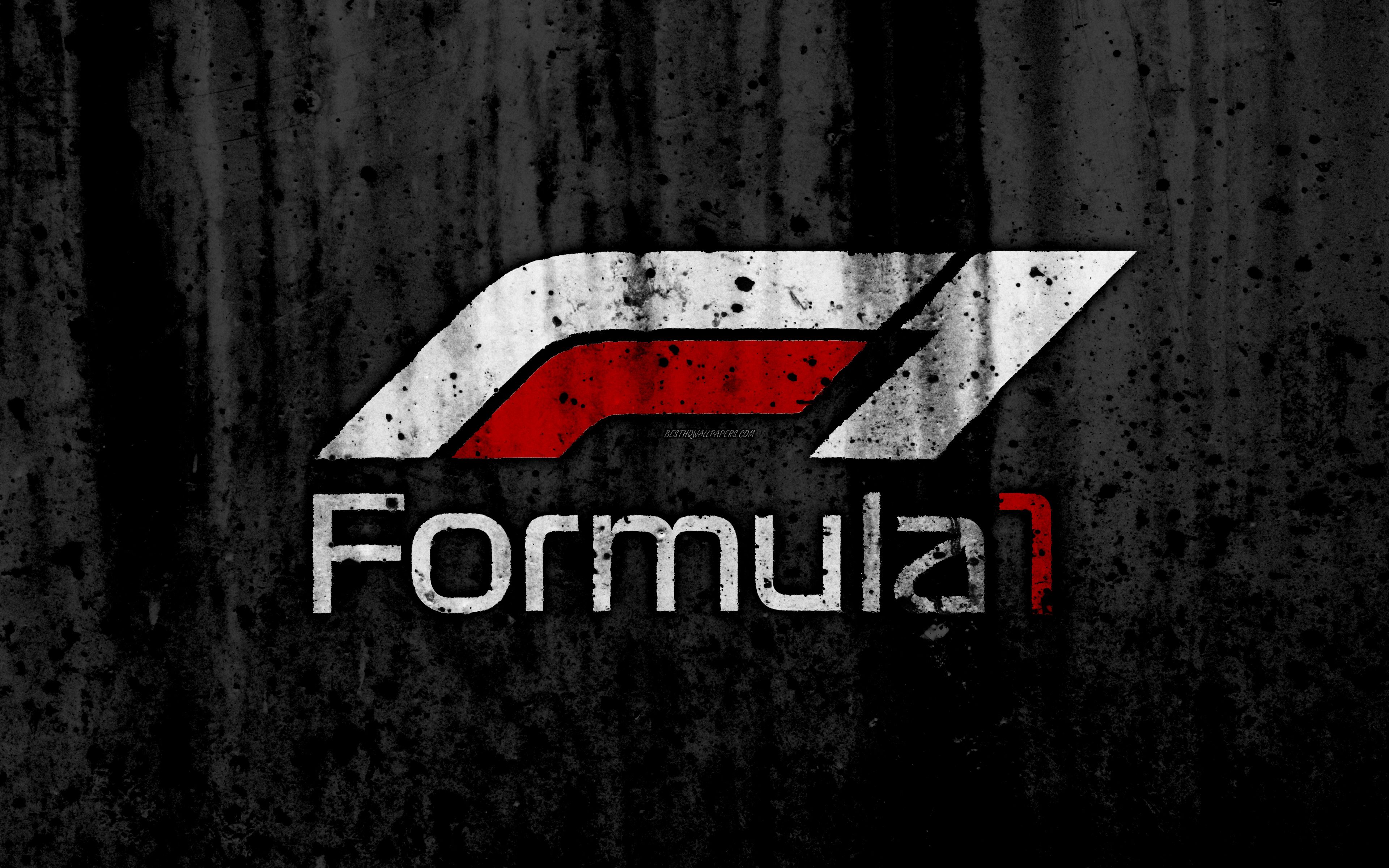 Download wallpaper Formula 4k, new logo, grunge, F black backgroud, Formula 1 logo for desktop with resolution 3840x2400. High Quality HD picture wallpaper